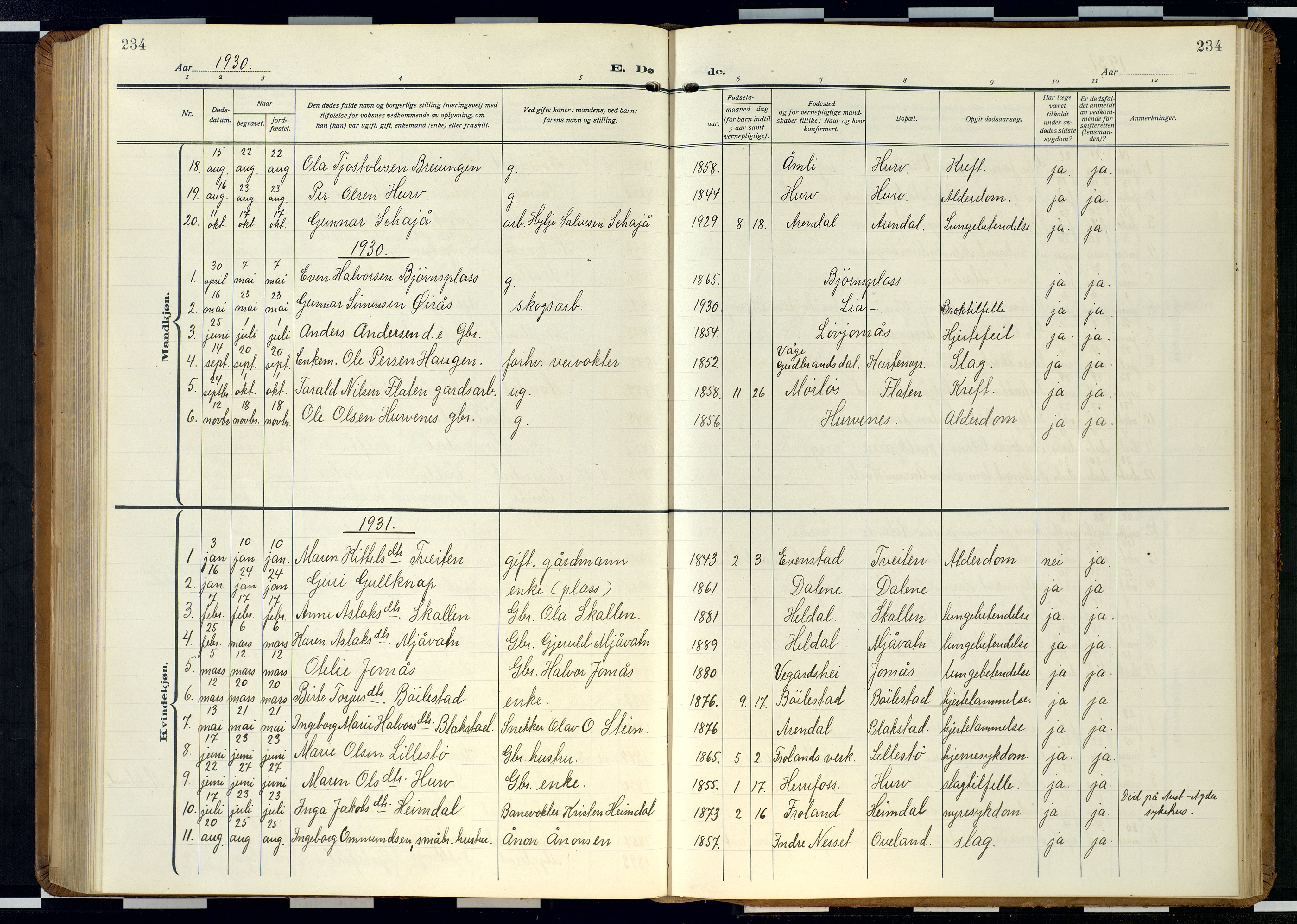 Froland sokneprestkontor, SAK/1111-0013/F/Fb/L0011: Parish register (copy) no. B 11, 1921-1947, p. 234