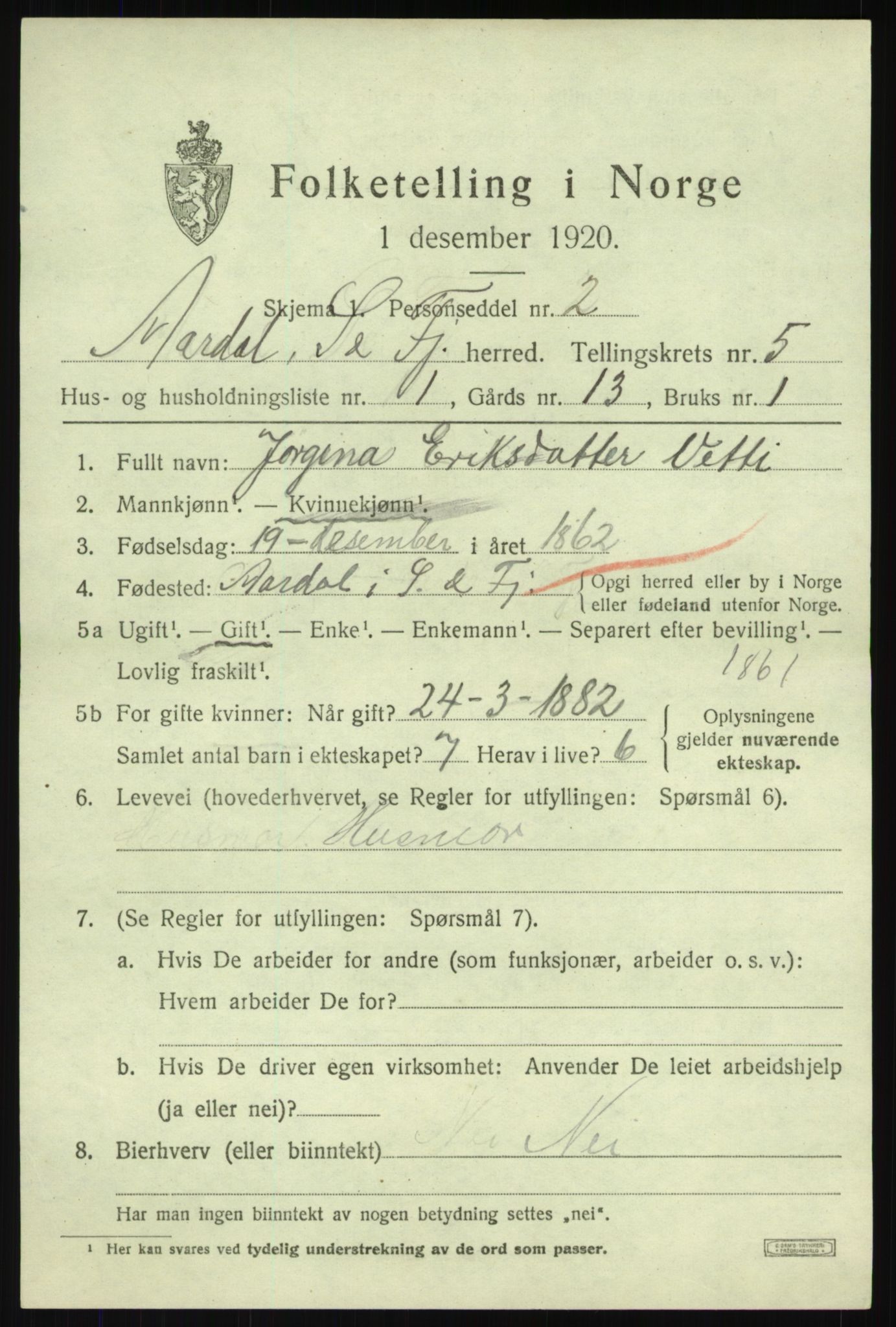 SAB, 1920 census for Årdal, 1920, p. 2781