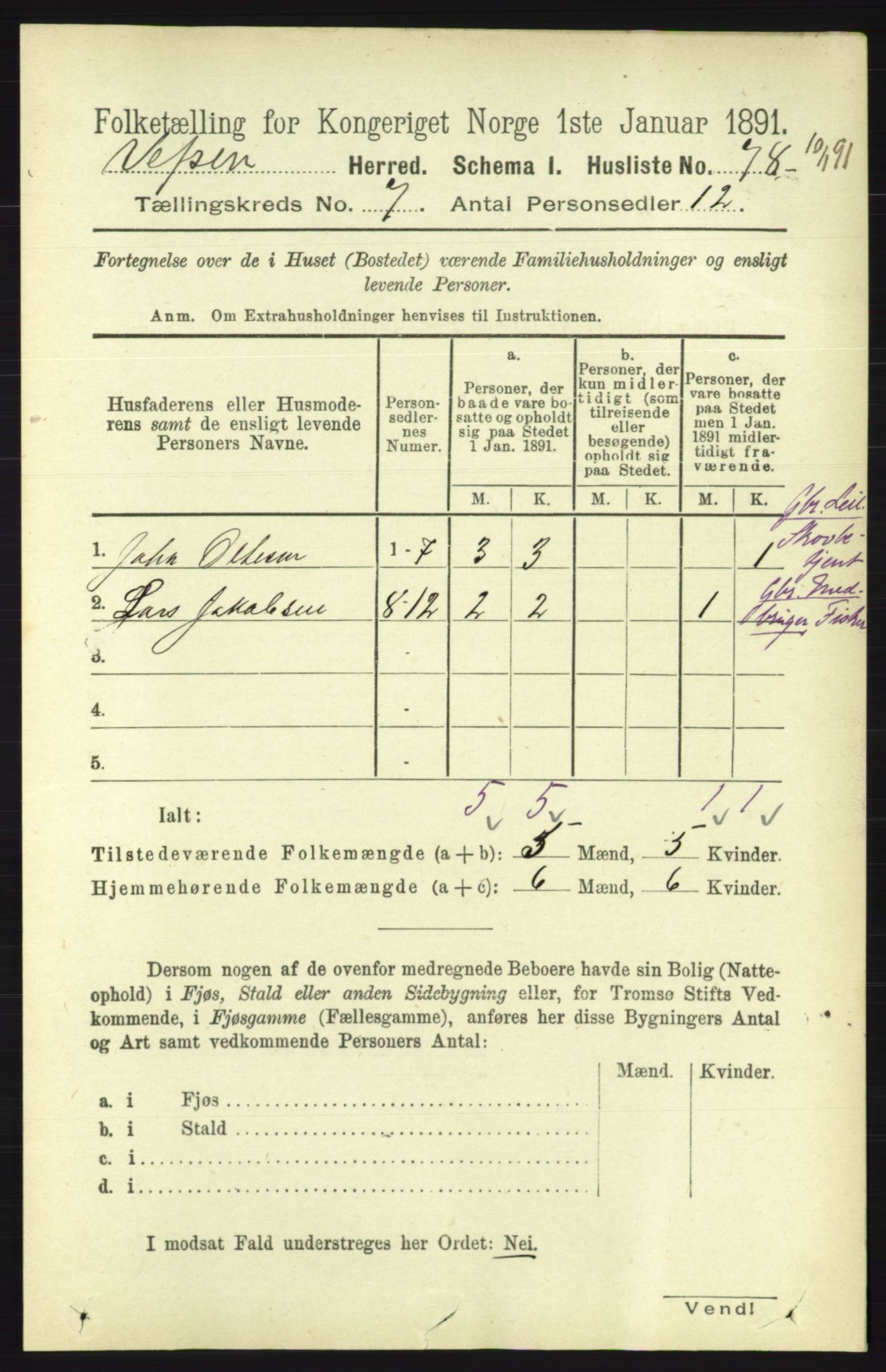 RA, 1891 census for 1824 Vefsn, 1891, p. 3650