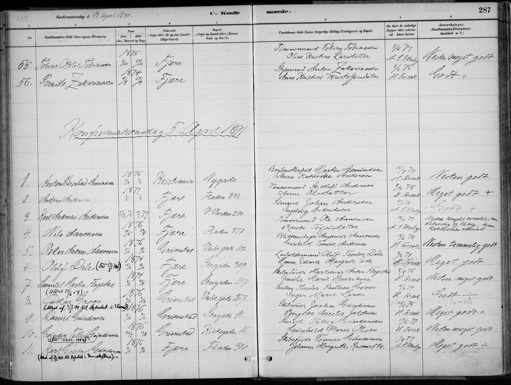 Grimstad sokneprestkontor, SAK/1111-0017/F/Fa/L0003: Parish register (official) no. A 2, 1882-1912, p. 287