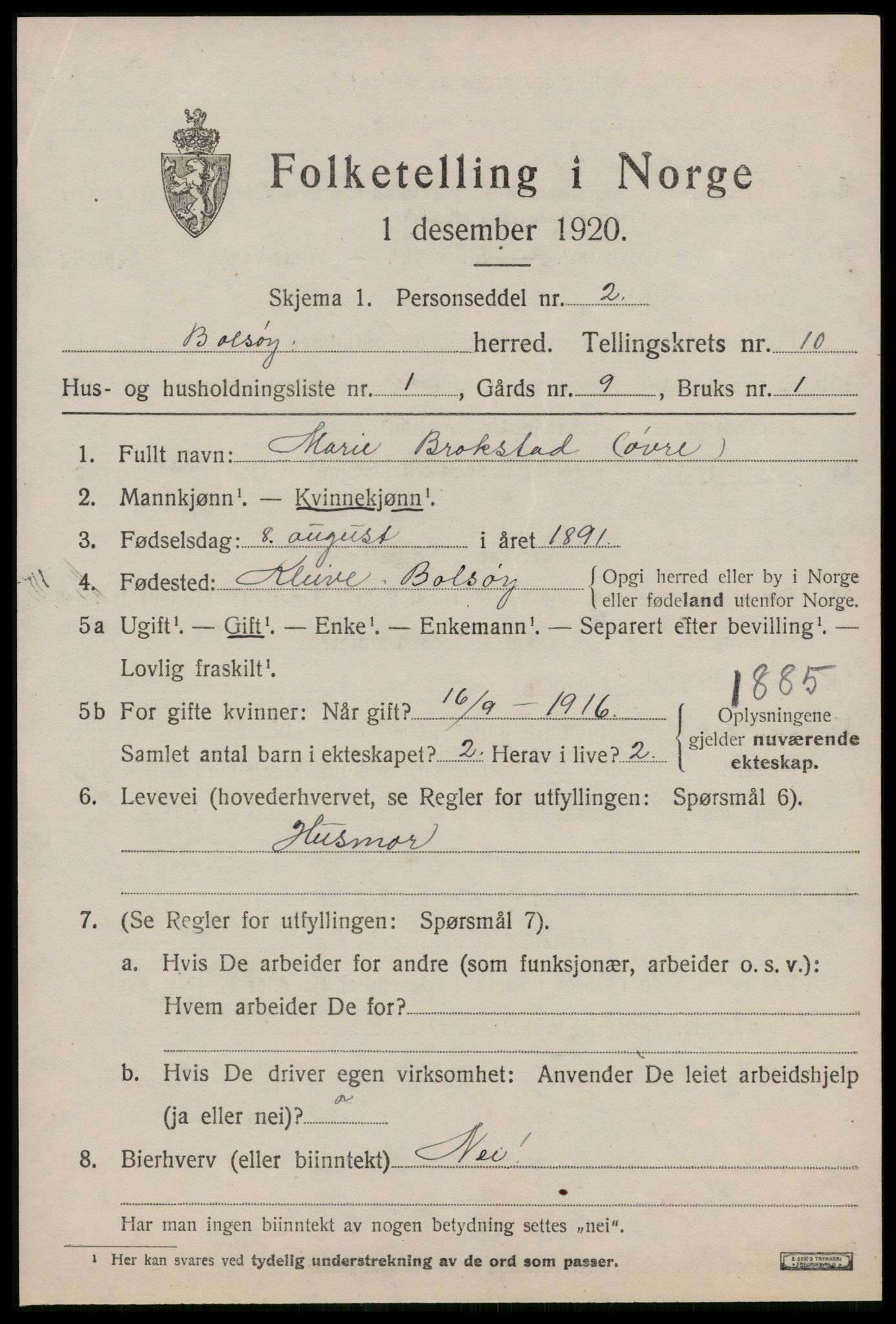 SAT, 1920 census for Bolsøy, 1920, p. 10603