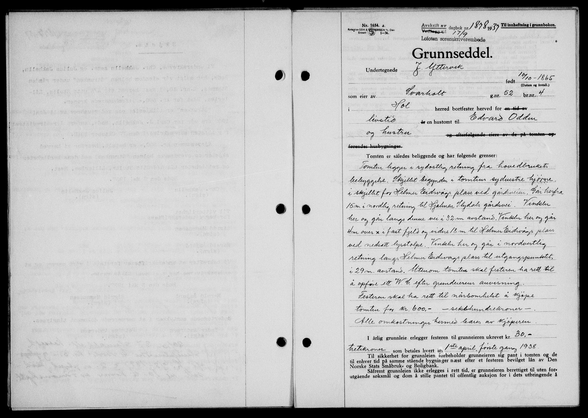 Lofoten sorenskriveri, SAT/A-0017/1/2/2C/L0002a: Mortgage book no. 2a, 1937-1937, Diary no: : 1878/1937