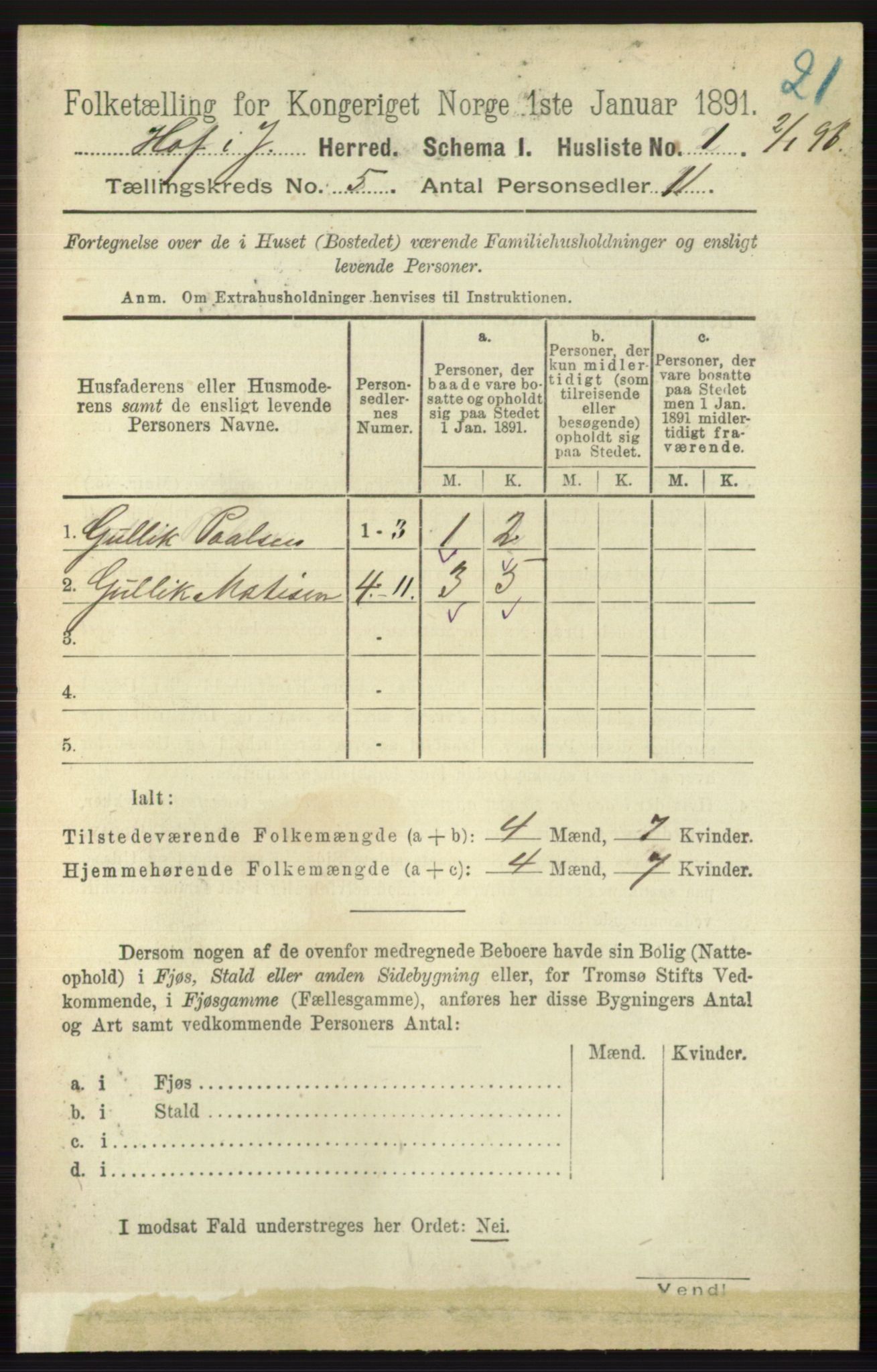 RA, 1891 census for 0714 Hof, 1891, p. 1457