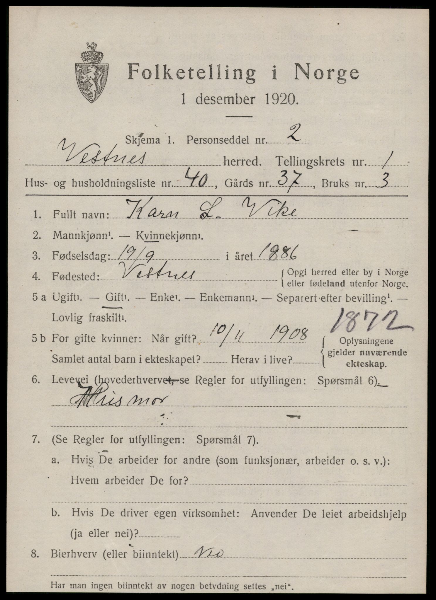 SAT, 1920 census for Vestnes, 1920, p. 1681