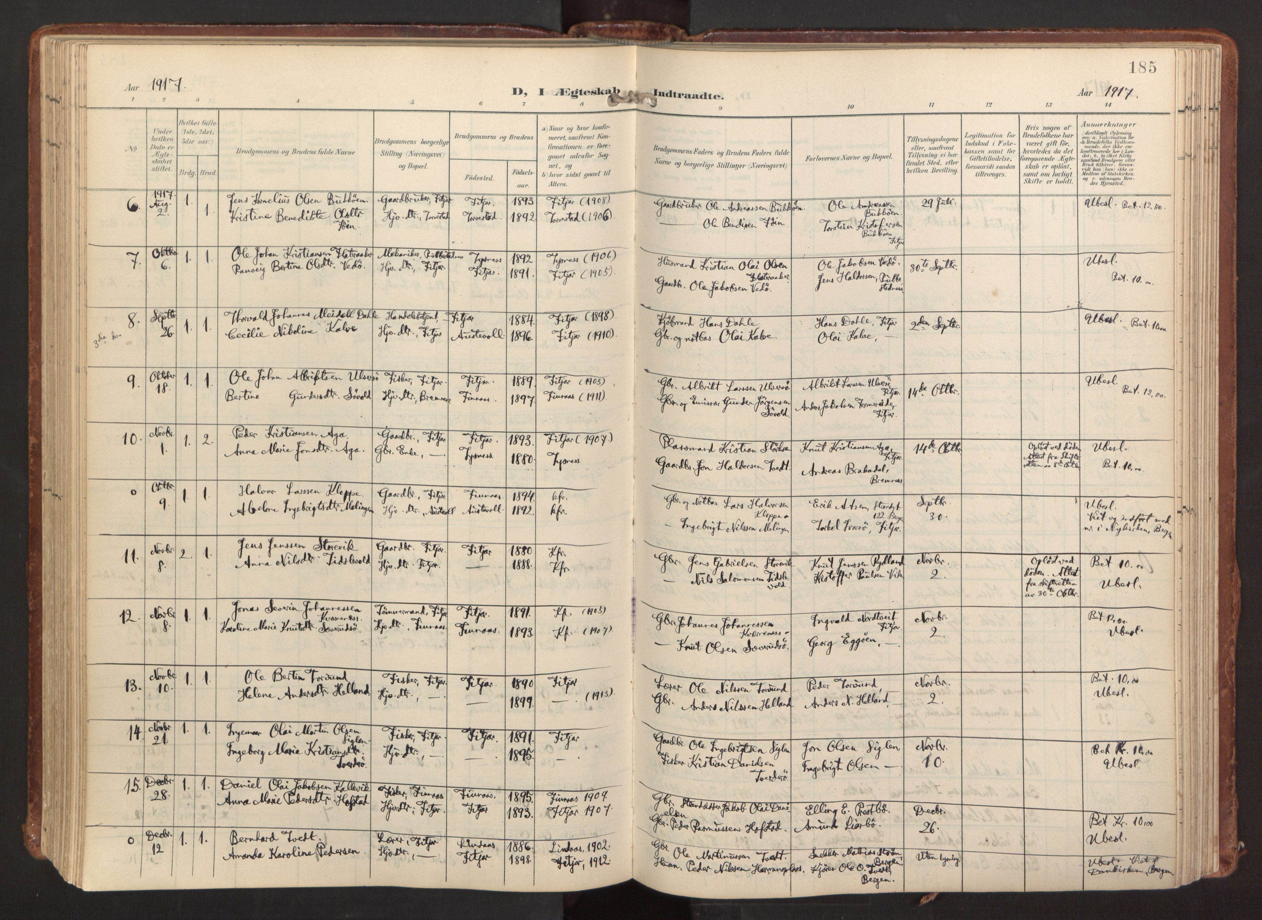 Fitjar sokneprestembete, AV/SAB-A-99926: Parish register (official) no. A 3, 1900-1918, p. 185