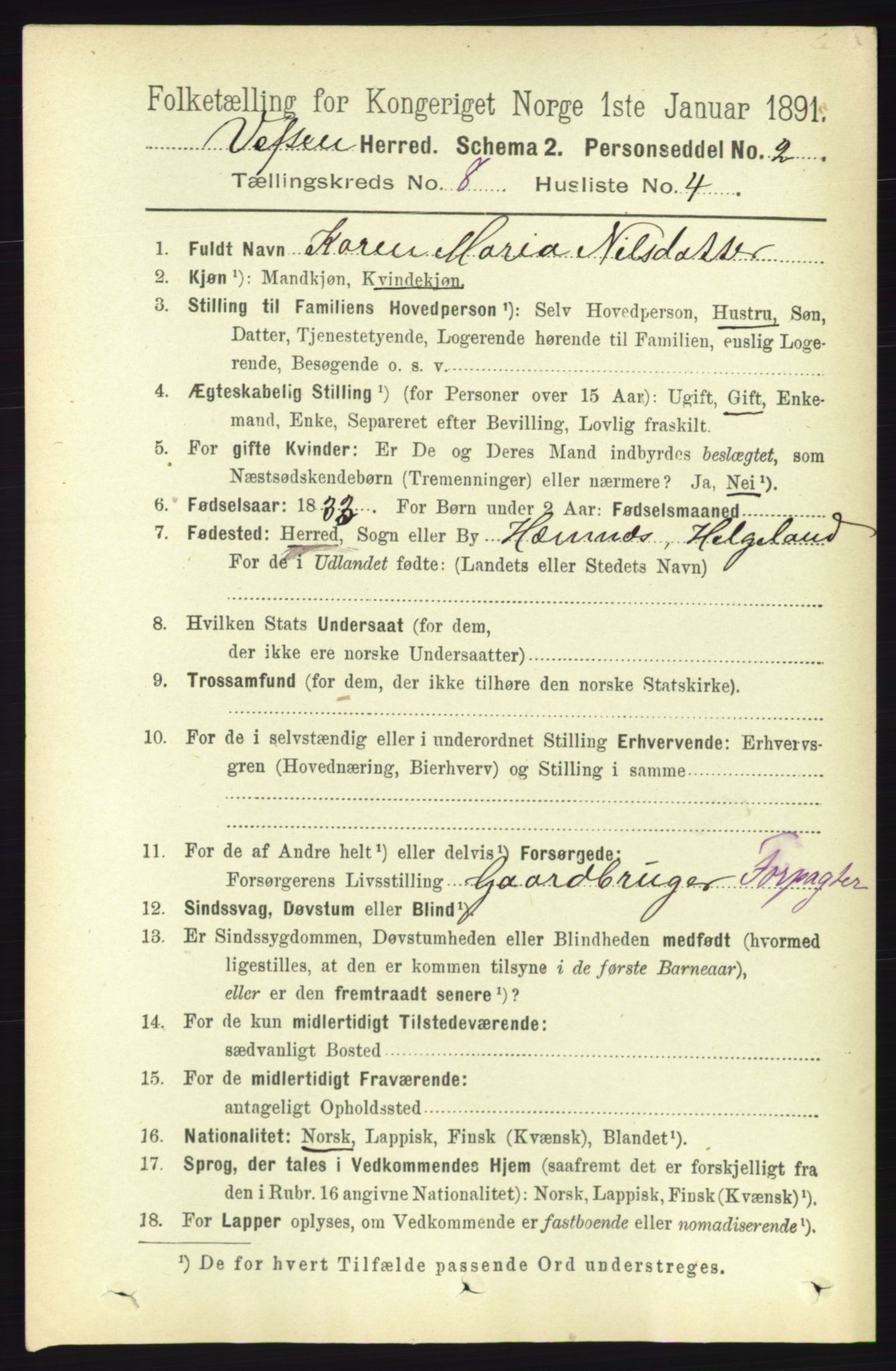 RA, 1891 census for 1824 Vefsn, 1891, p. 4254