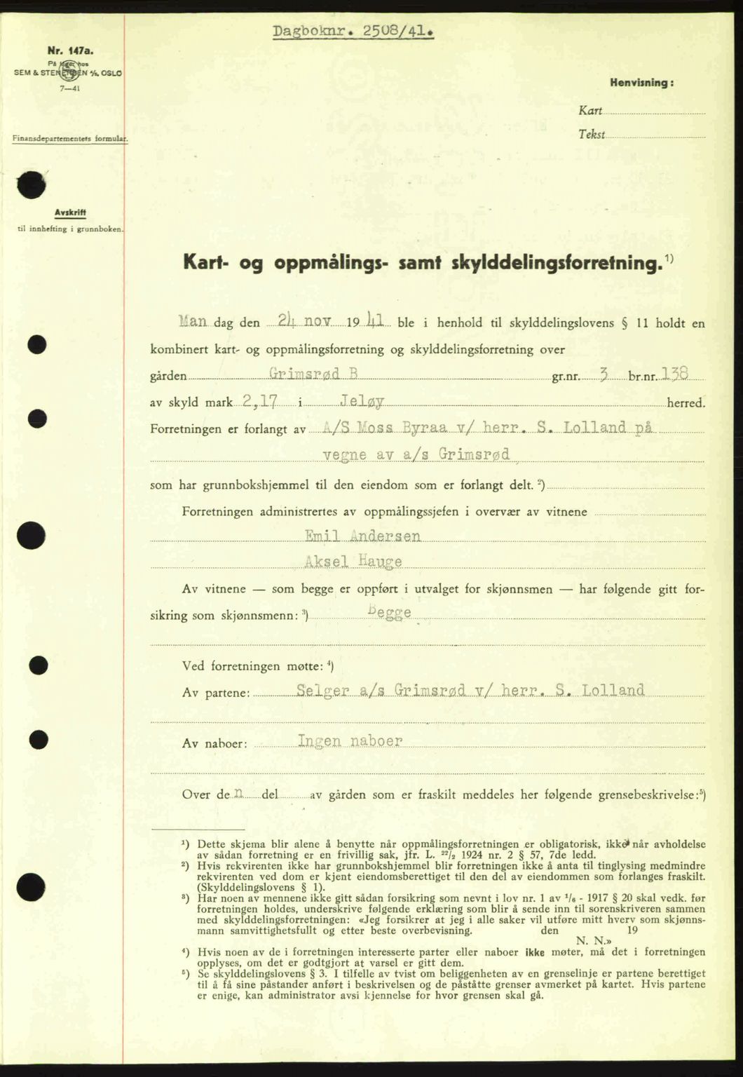 Moss sorenskriveri, SAO/A-10168: Mortgage book no. A9, 1941-1942, Diary no: : 2508/1941