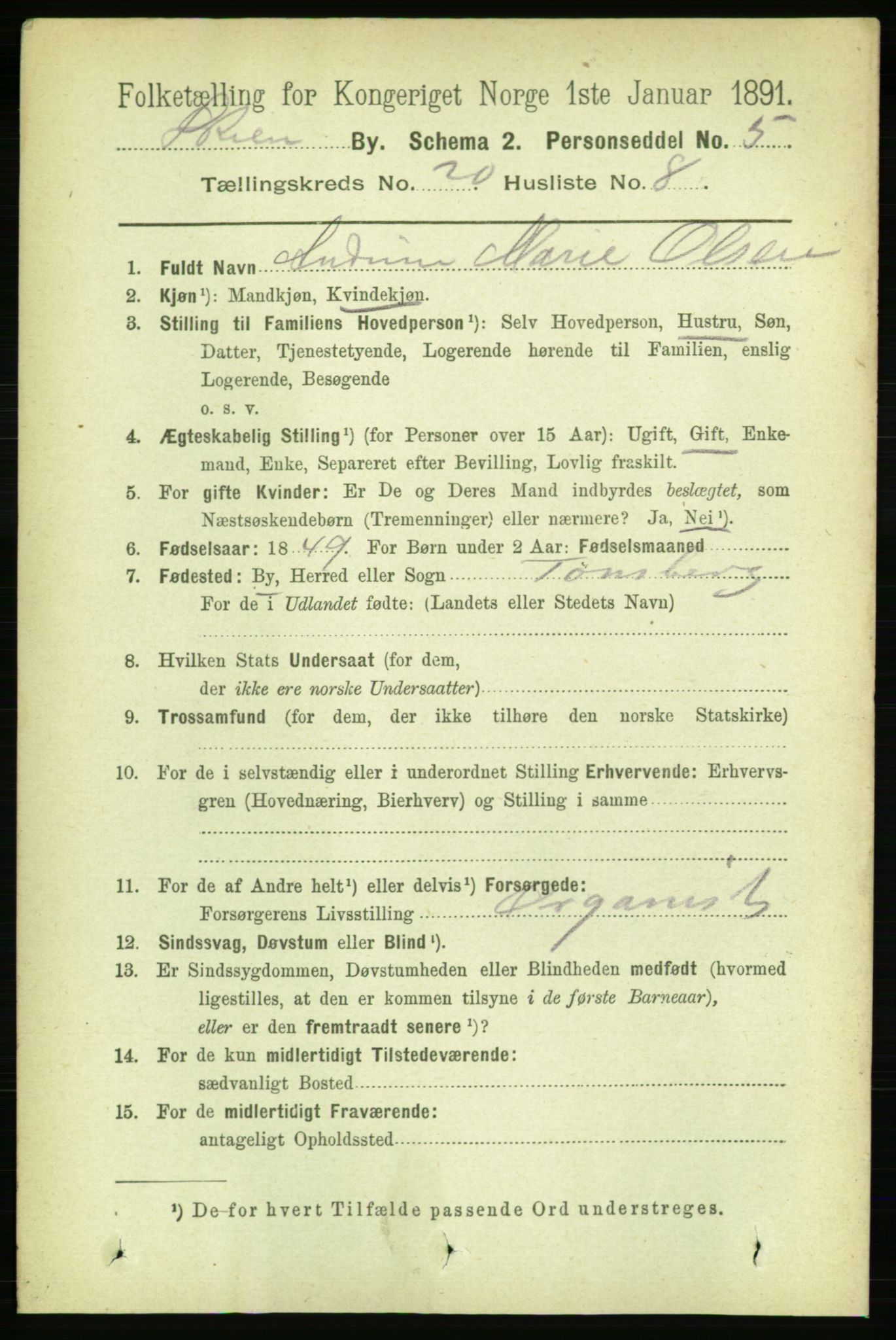 RA, 1891 census for 0806 Skien, 1891, p. 5181