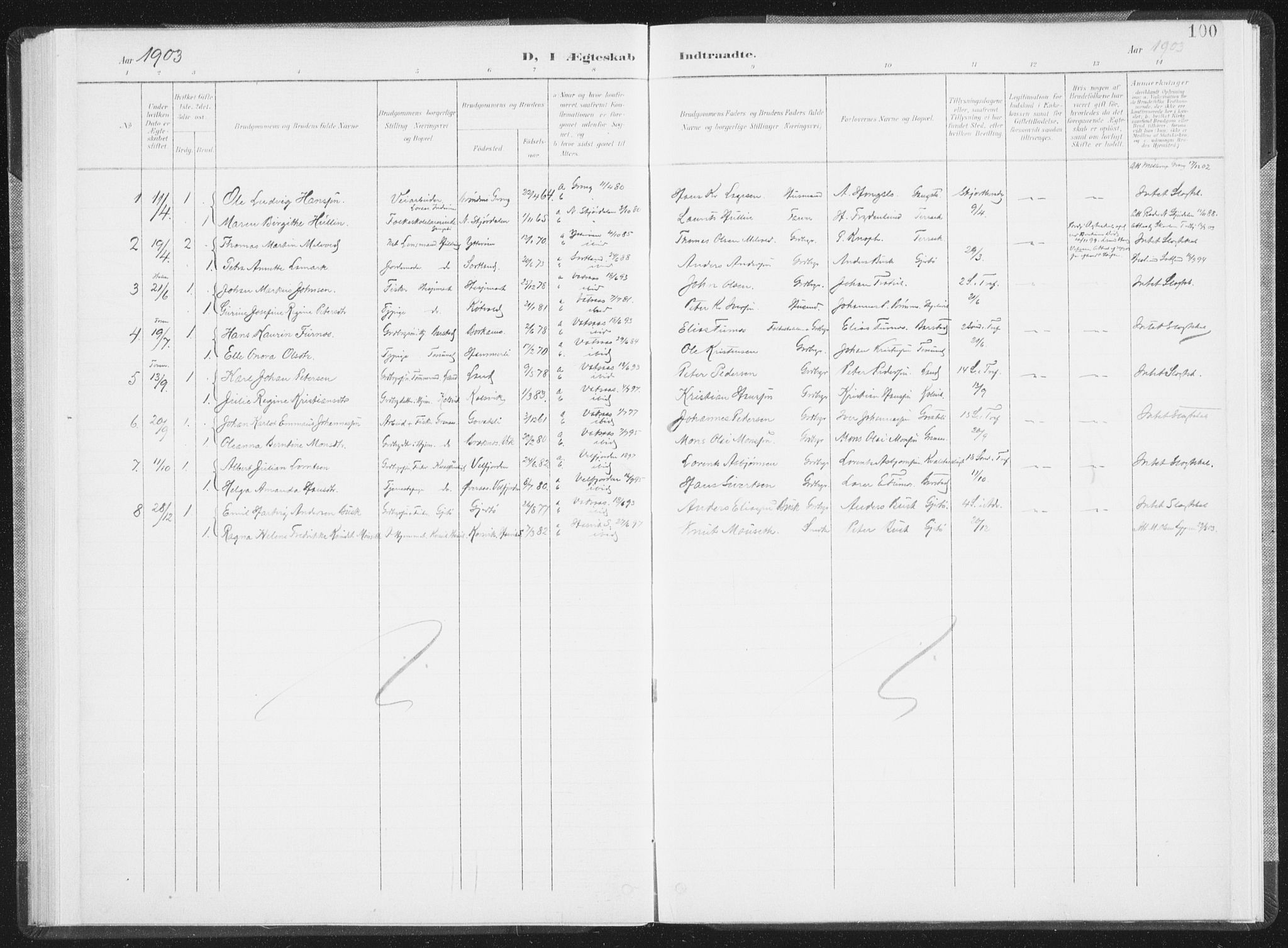 Ministerialprotokoller, klokkerbøker og fødselsregistre - Nordland, AV/SAT-A-1459/810/L0153: Parish register (official) no. 810A12, 1899-1914, p. 100