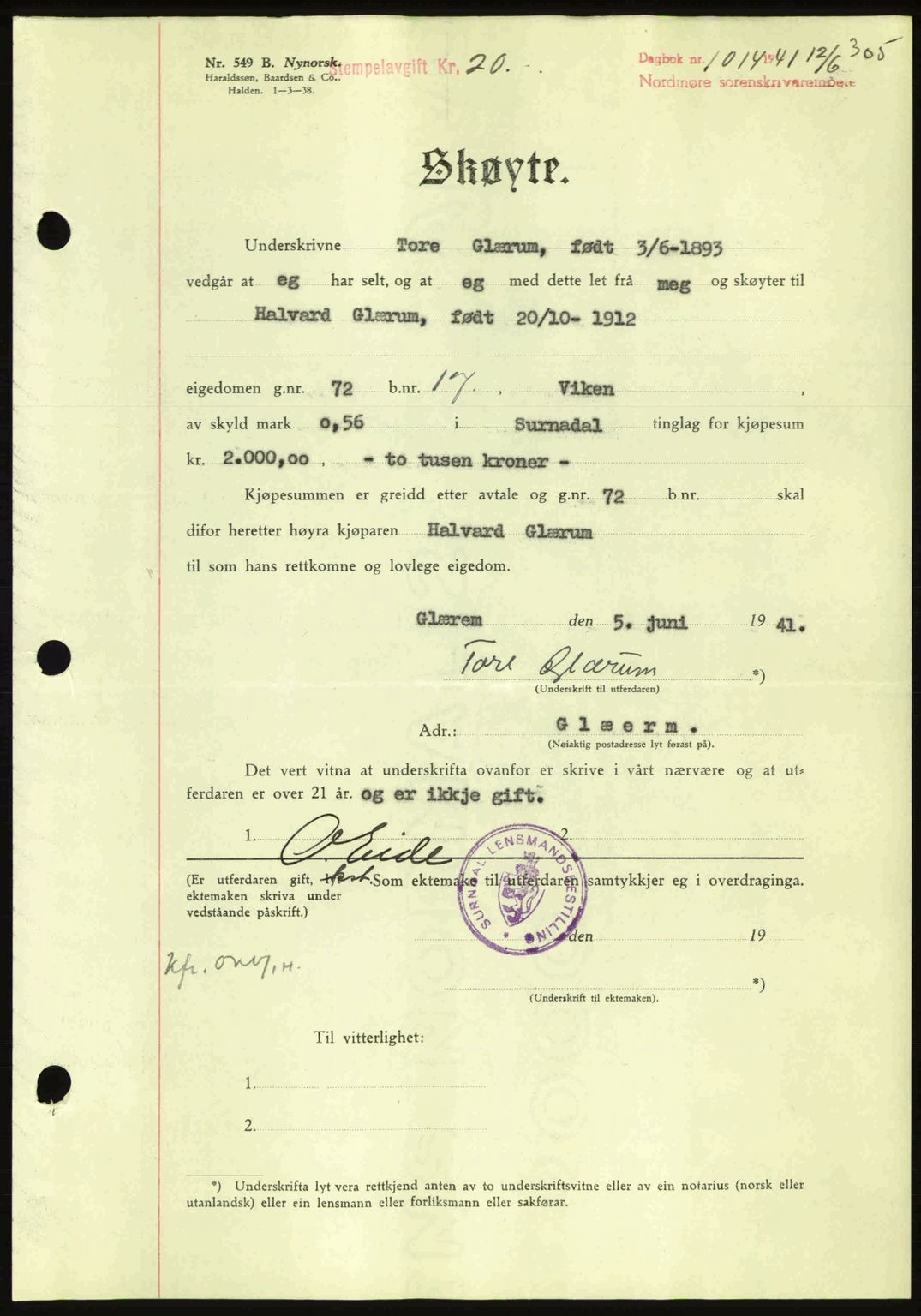 Nordmøre sorenskriveri, SAT/A-4132/1/2/2Ca: Mortgage book no. A90, 1941-1941, Diary no: : 1014/1941