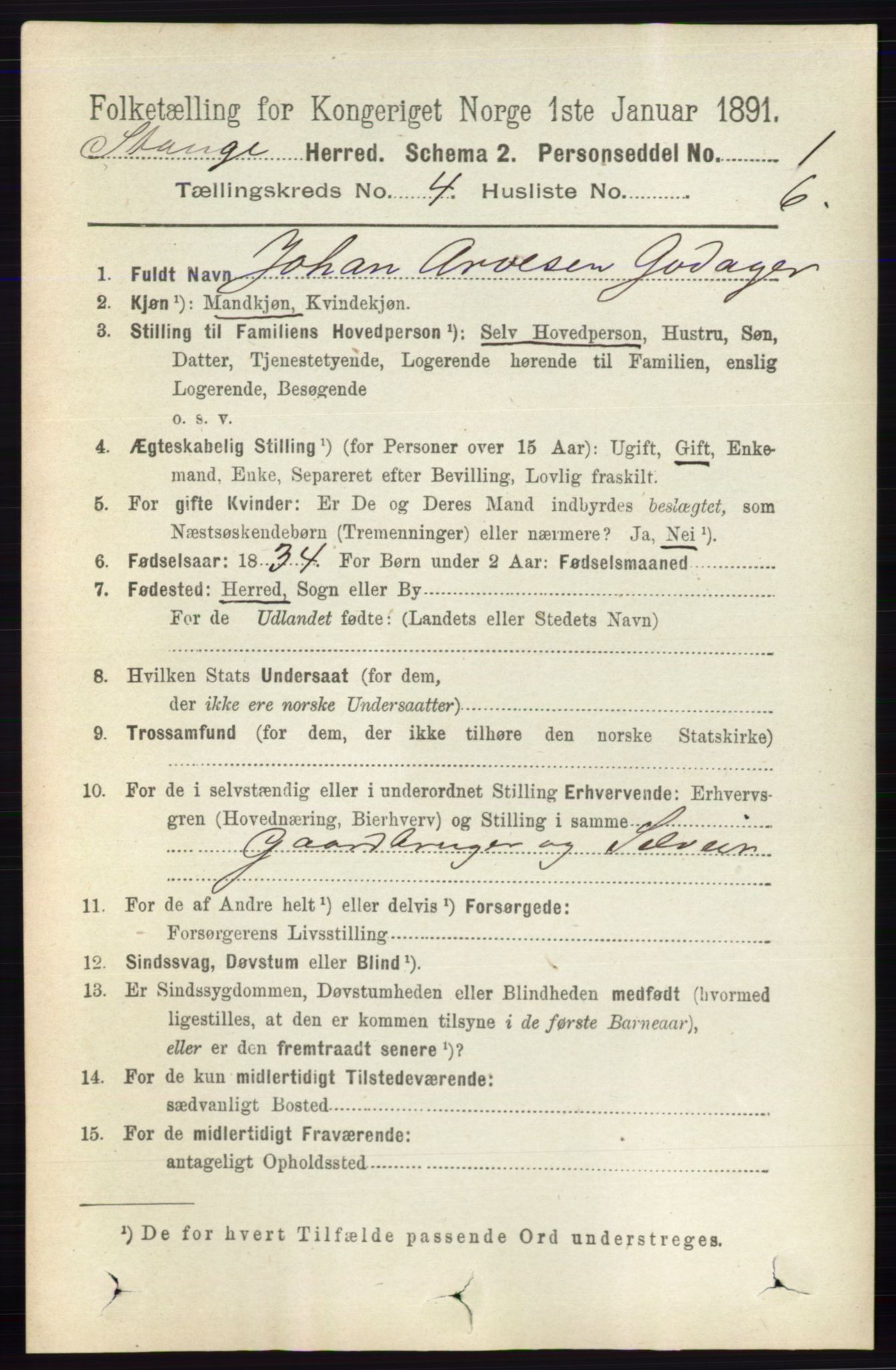 RA, 1891 census for 0417 Stange, 1891, p. 2385