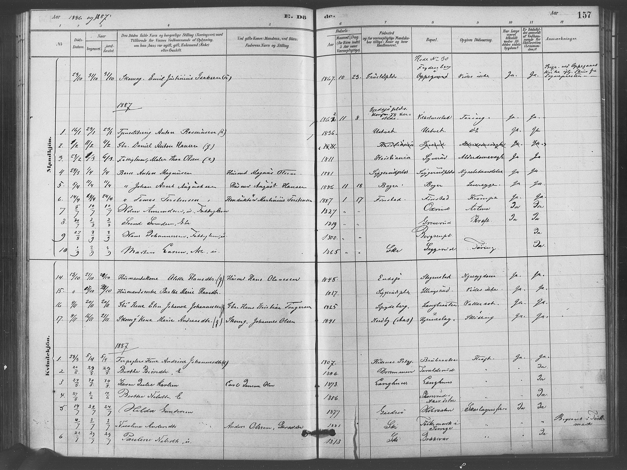 Kråkstad prestekontor Kirkebøker, AV/SAO-A-10125a/F/Fb/L0001: Parish register (official) no. II 1, 1880-1892, p. 157