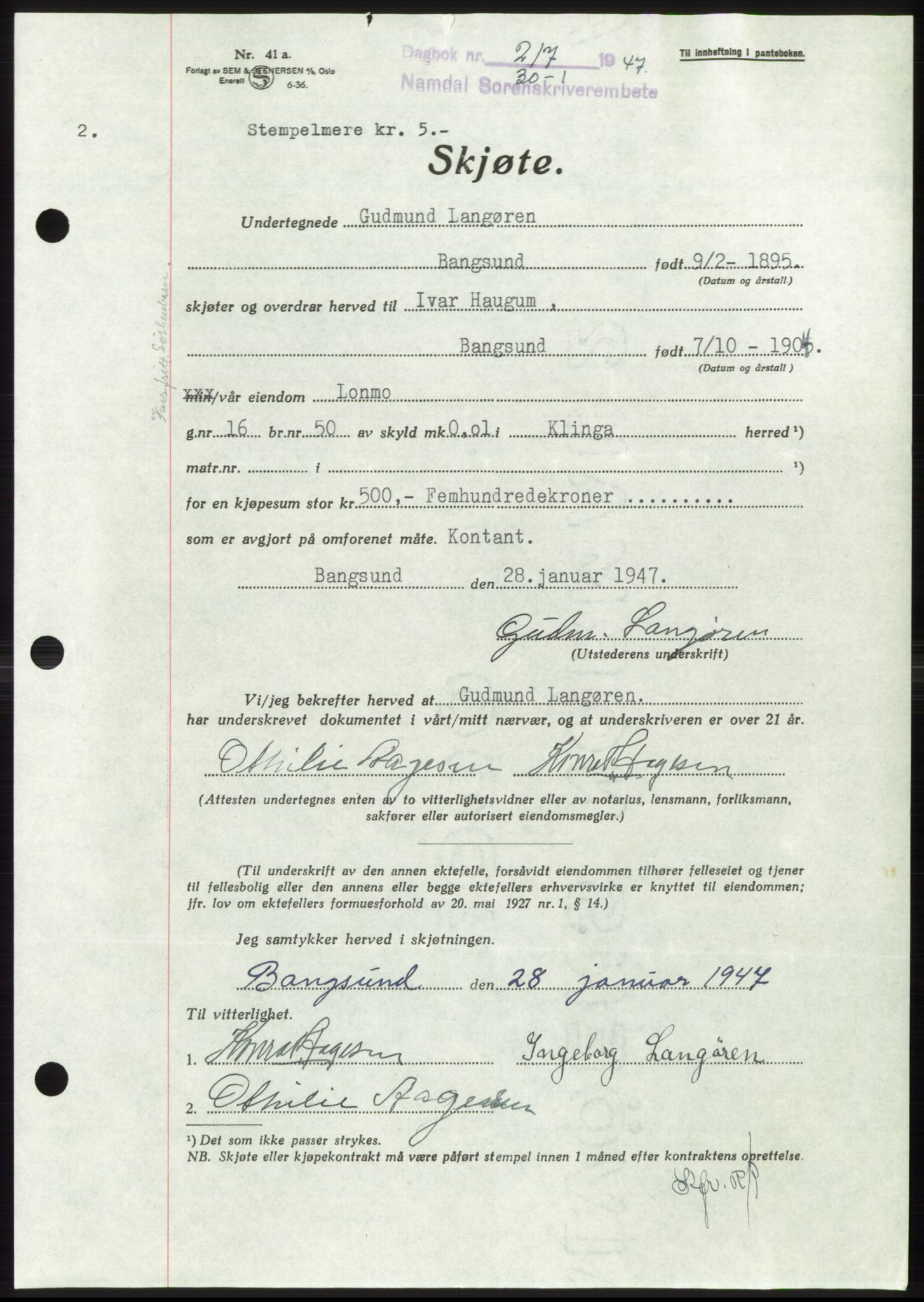 Namdal sorenskriveri, AV/SAT-A-4133/1/2/2C: Mortgage book no. -, 1946-1947, Diary no: : 217/1947