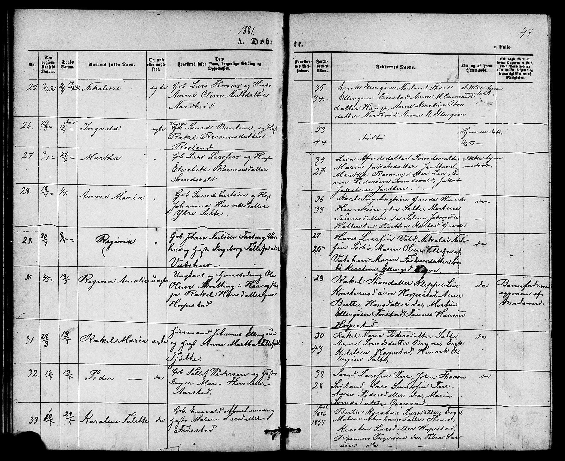 Klepp sokneprestkontor, AV/SAST-A-101803/001/3/30BB/L0003: Parish register (copy) no. B 3, 1876-1888, p. 47