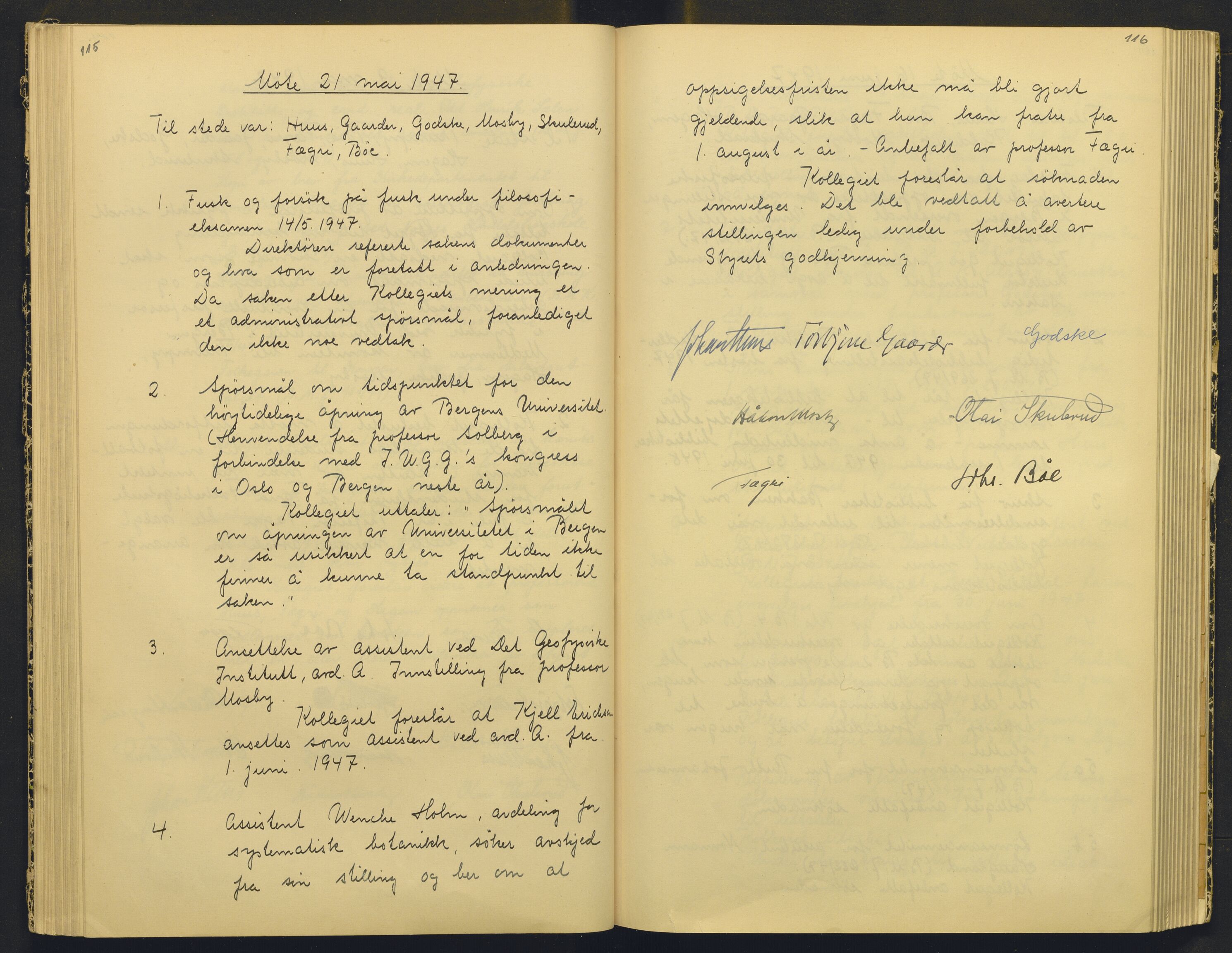Bergens Museum, AV/SAB-A-17301/18/A/L0004: Professorkollegiets møtebok med register , 1945-1949, p. 115-116