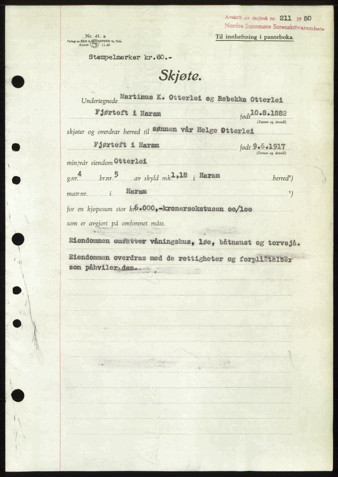 Nordre Sunnmøre sorenskriveri, AV/SAT-A-0006/1/2/2C/2Ca: Mortgage book no. A33, 1949-1950, Diary no: : 211/1950