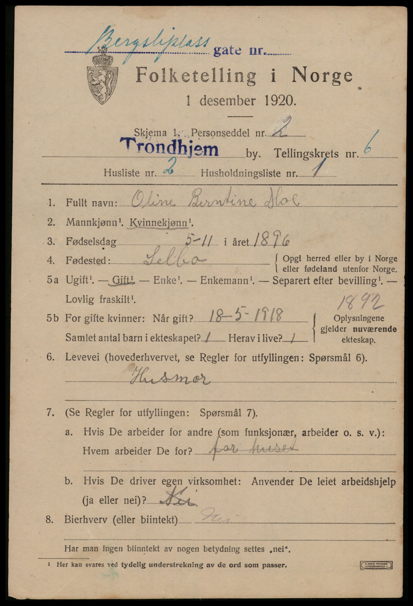 SAT, 1920 census for Trondheim, 1920, p. 39830