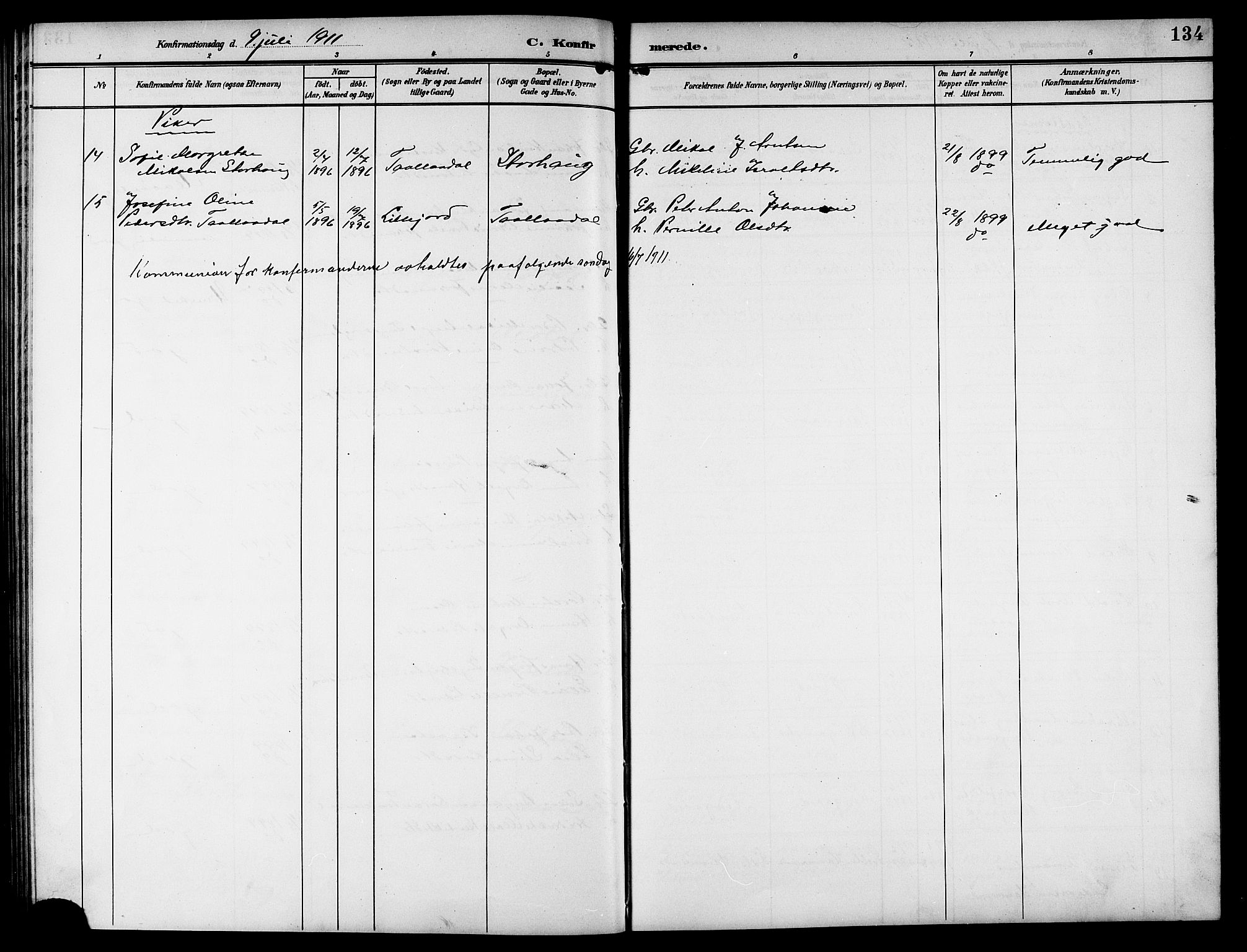 Ministerialprotokoller, klokkerbøker og fødselsregistre - Nordland, AV/SAT-A-1459/846/L0655: Parish register (copy) no. 846C05, 1902-1916, p. 134