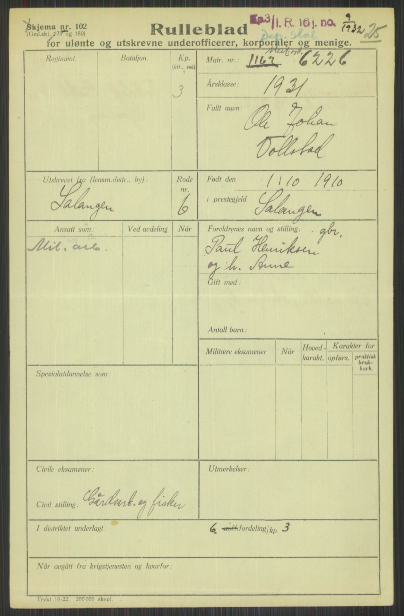 Forsvaret, Troms infanteriregiment nr. 16, AV/RA-RAFA-3146/P/Pa/L0015: Rulleblad for regimentets menige mannskaper, årsklasse 1931, 1931, p. 1181