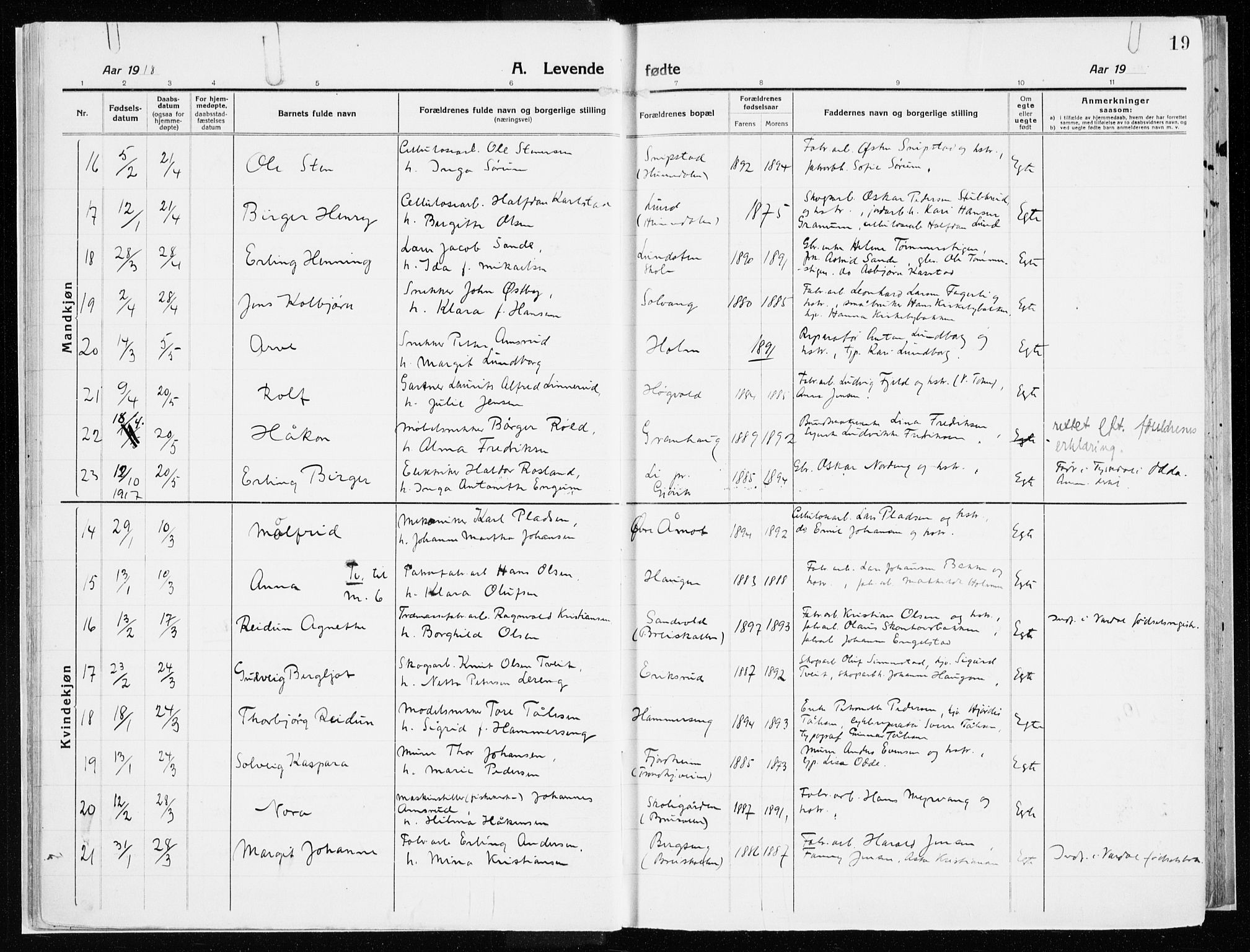 Vardal prestekontor, SAH/PREST-100/H/Ha/Haa/L0017: Parish register (official) no. 17, 1915-1929, p. 19