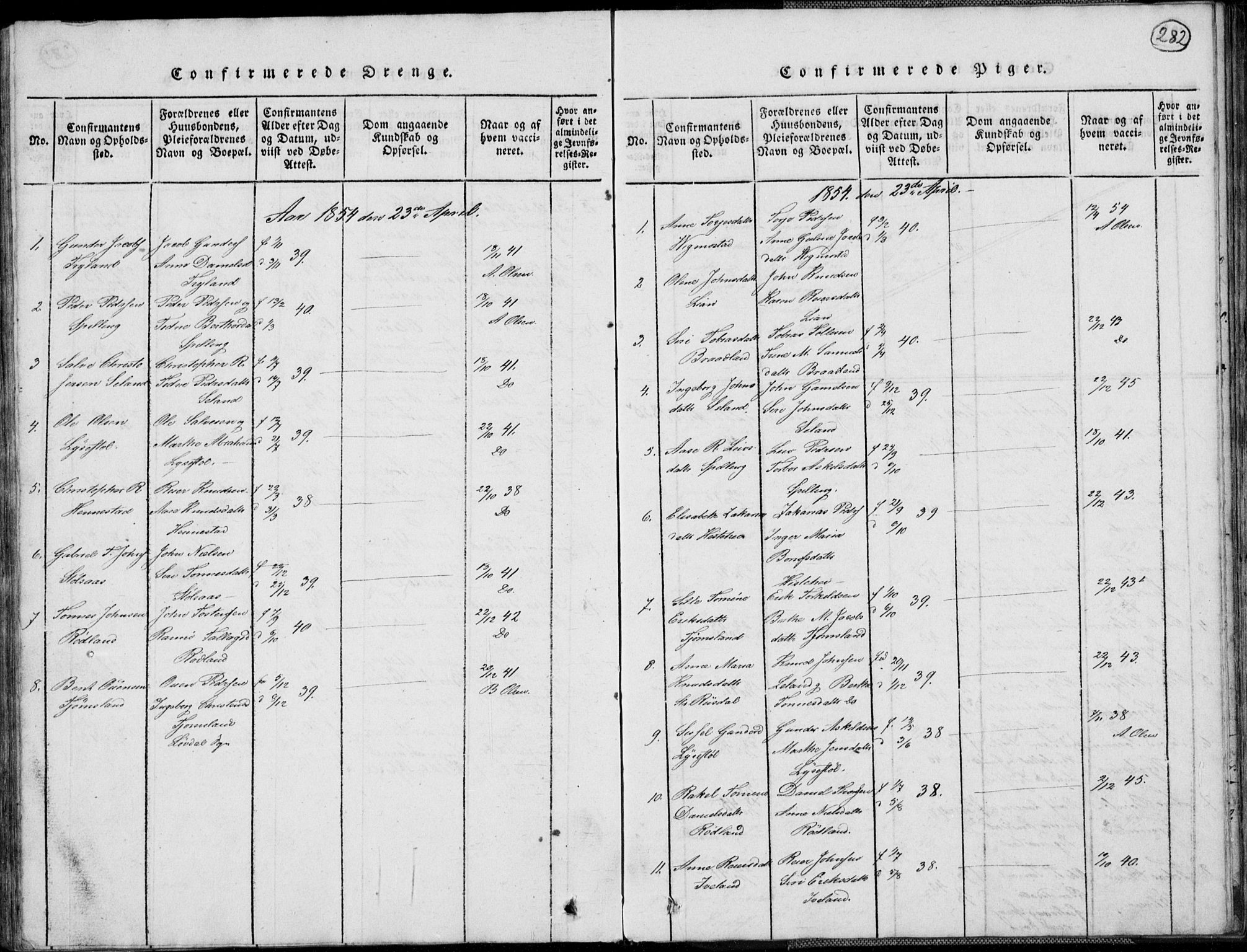 Nord-Audnedal sokneprestkontor, AV/SAK-1111-0032/F/Fb/Fbb/L0001: Parish register (copy) no. B 1, 1816-1858, p. 282