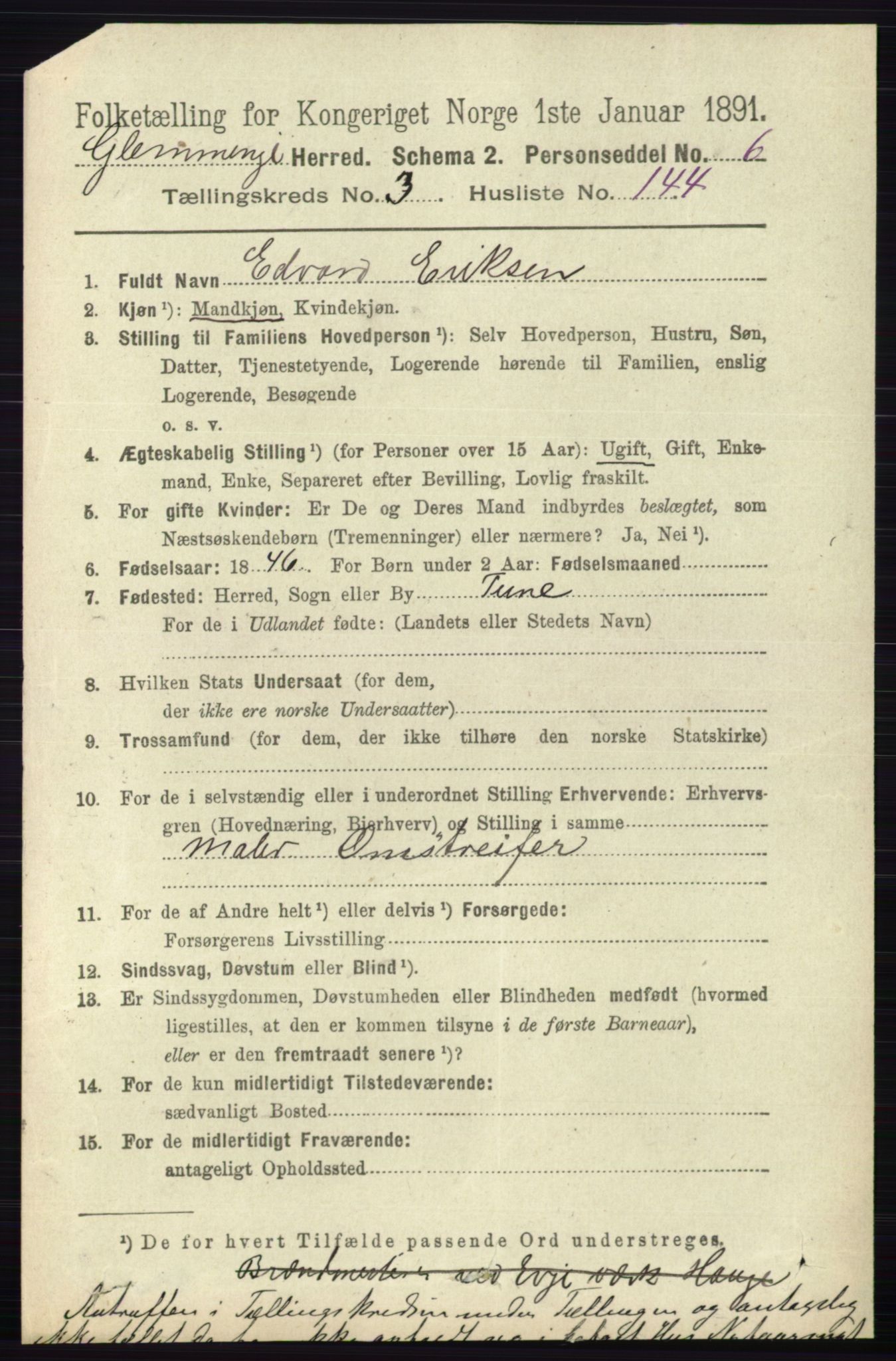 RA, 1891 census for 0132 Glemmen, 1891, p. 3337