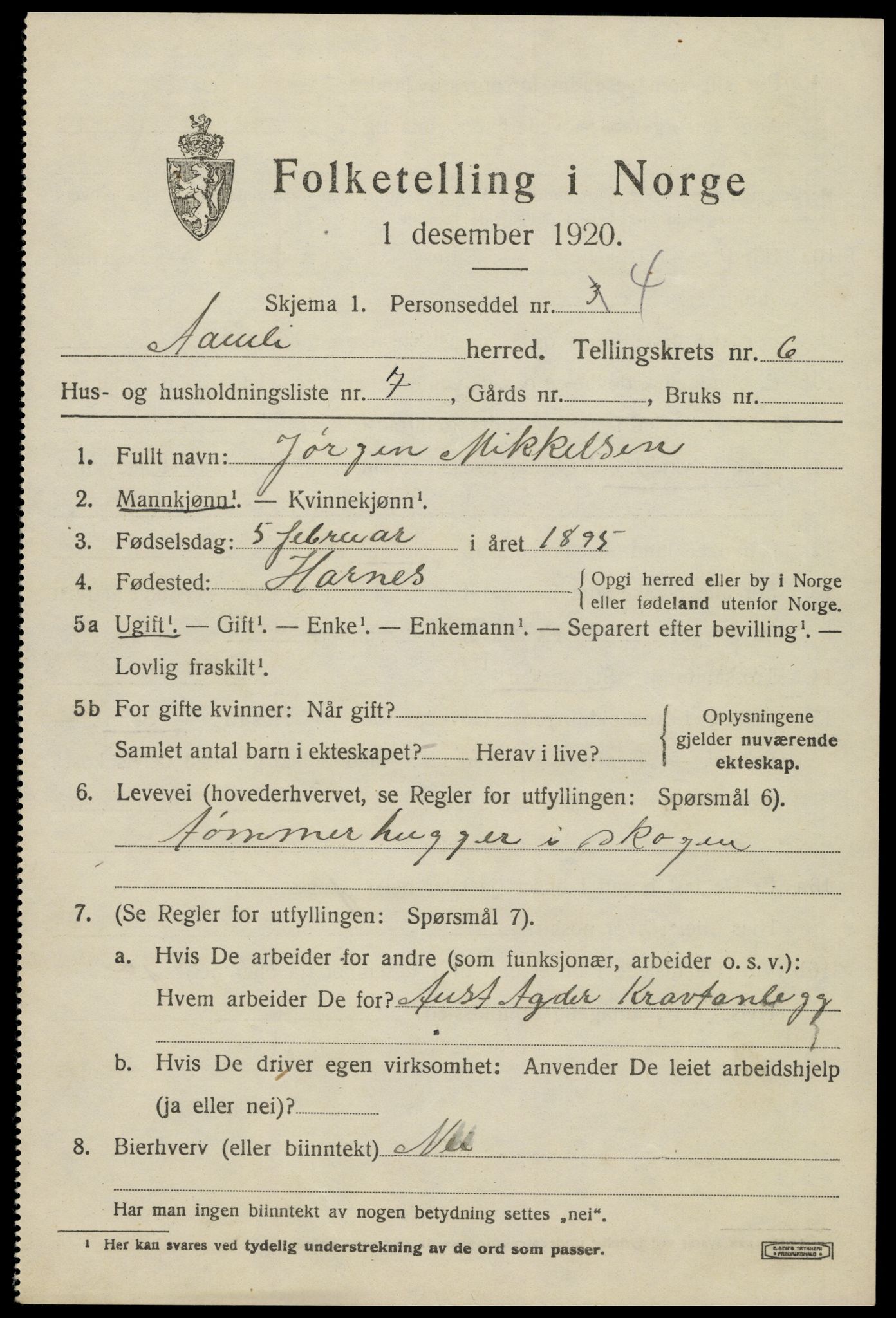 SAK, 1920 census for Åmli, 1920, p. 2701