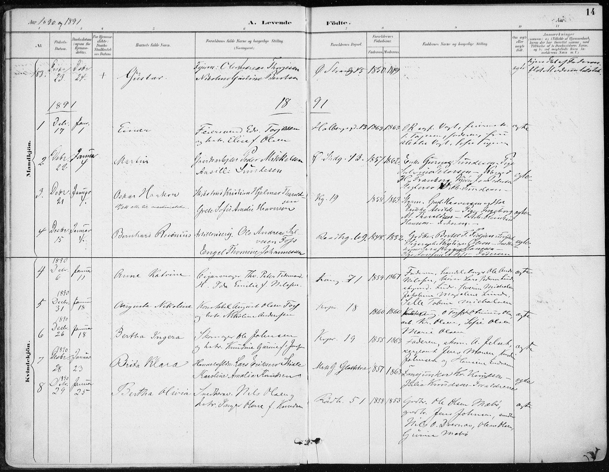 Kristiansand domprosti, SAK/1112-0006/F/Fa/L0019: Parish register (official) no. A 18, 1890-1897, p. 14
