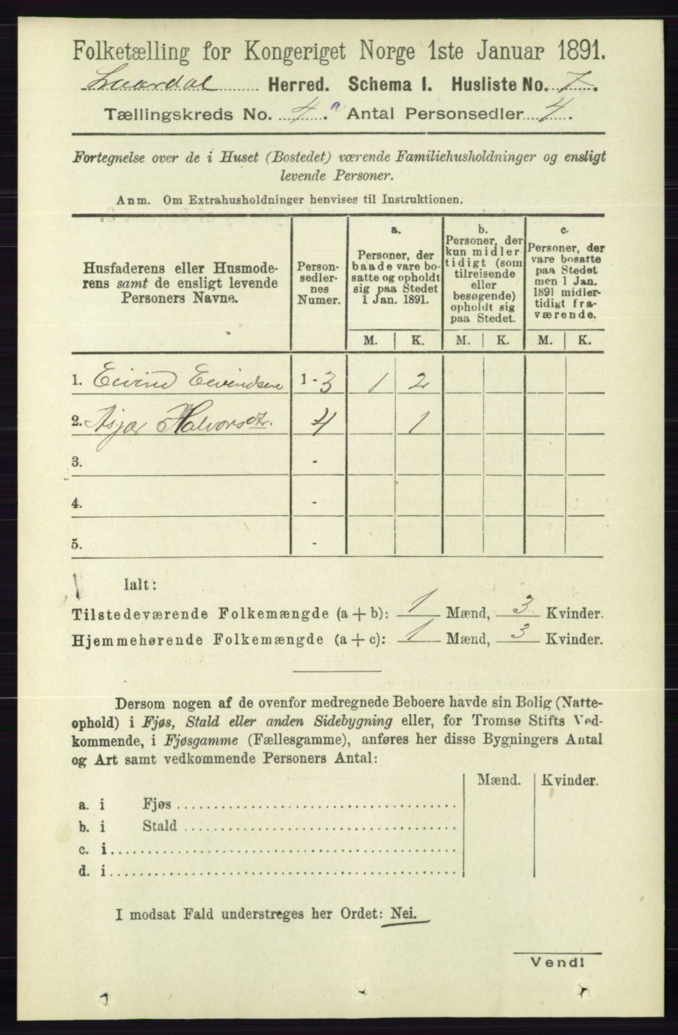 RA, 1891 census for 0833 Lårdal, 1891, p. 1007