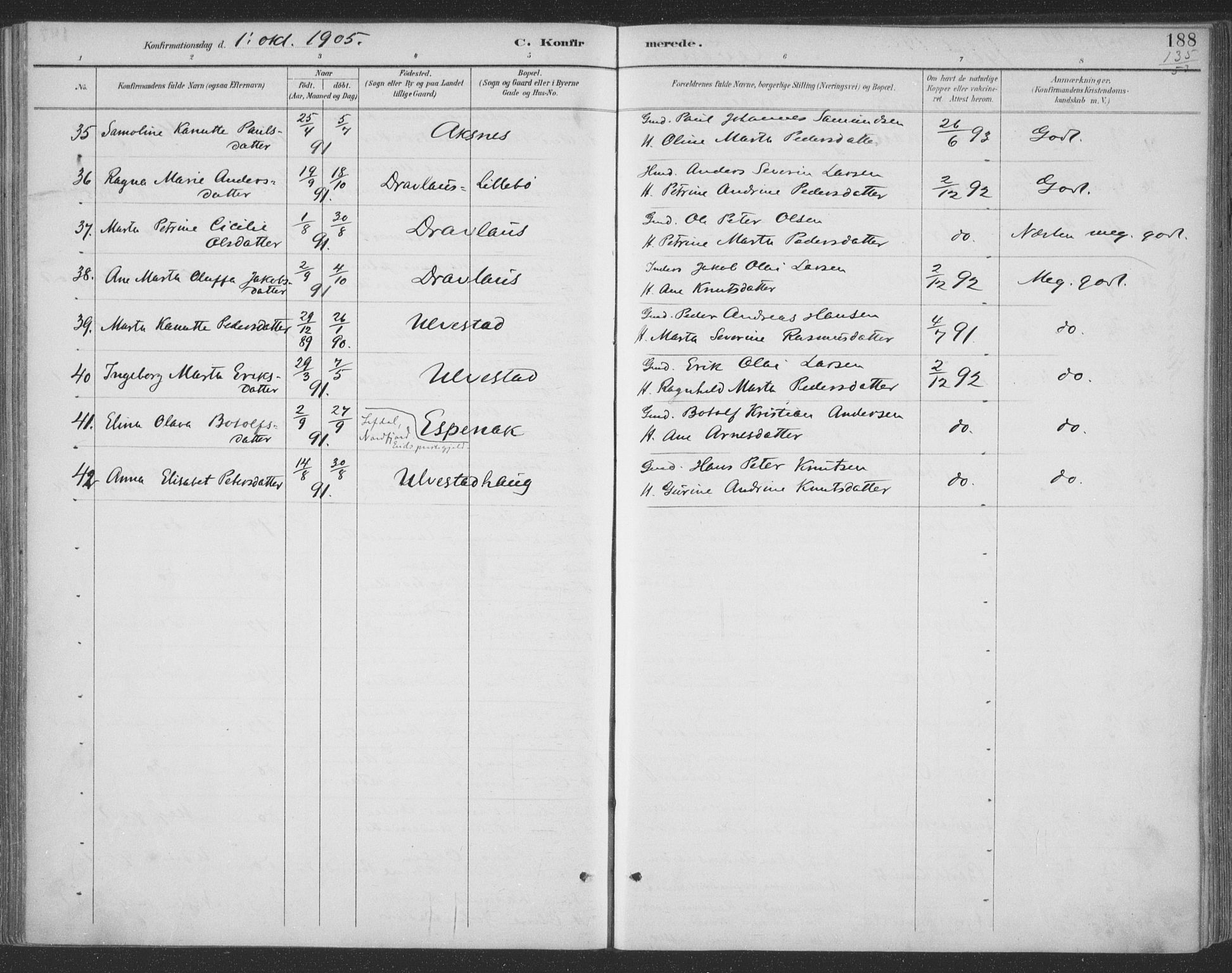 Ministerialprotokoller, klokkerbøker og fødselsregistre - Møre og Romsdal, AV/SAT-A-1454/511/L0142: Parish register (official) no. 511A09, 1891-1905, p. 188