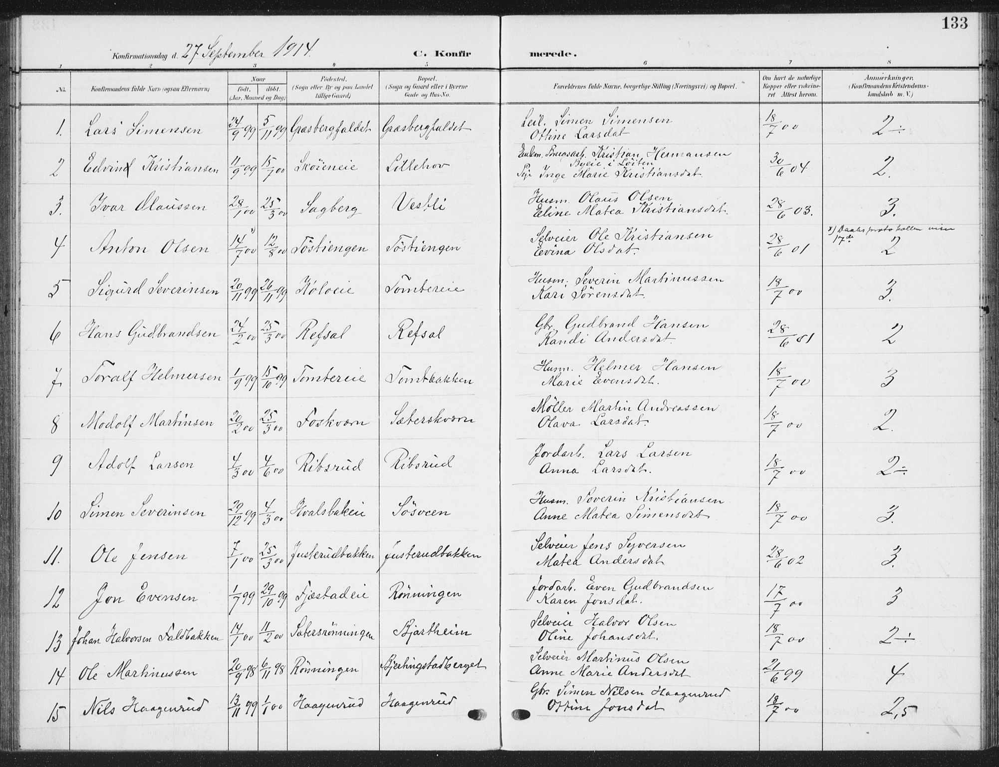 Romedal prestekontor, AV/SAH-PREST-004/K/L0009: Parish register (official) no. 9, 1906-1929, p. 133