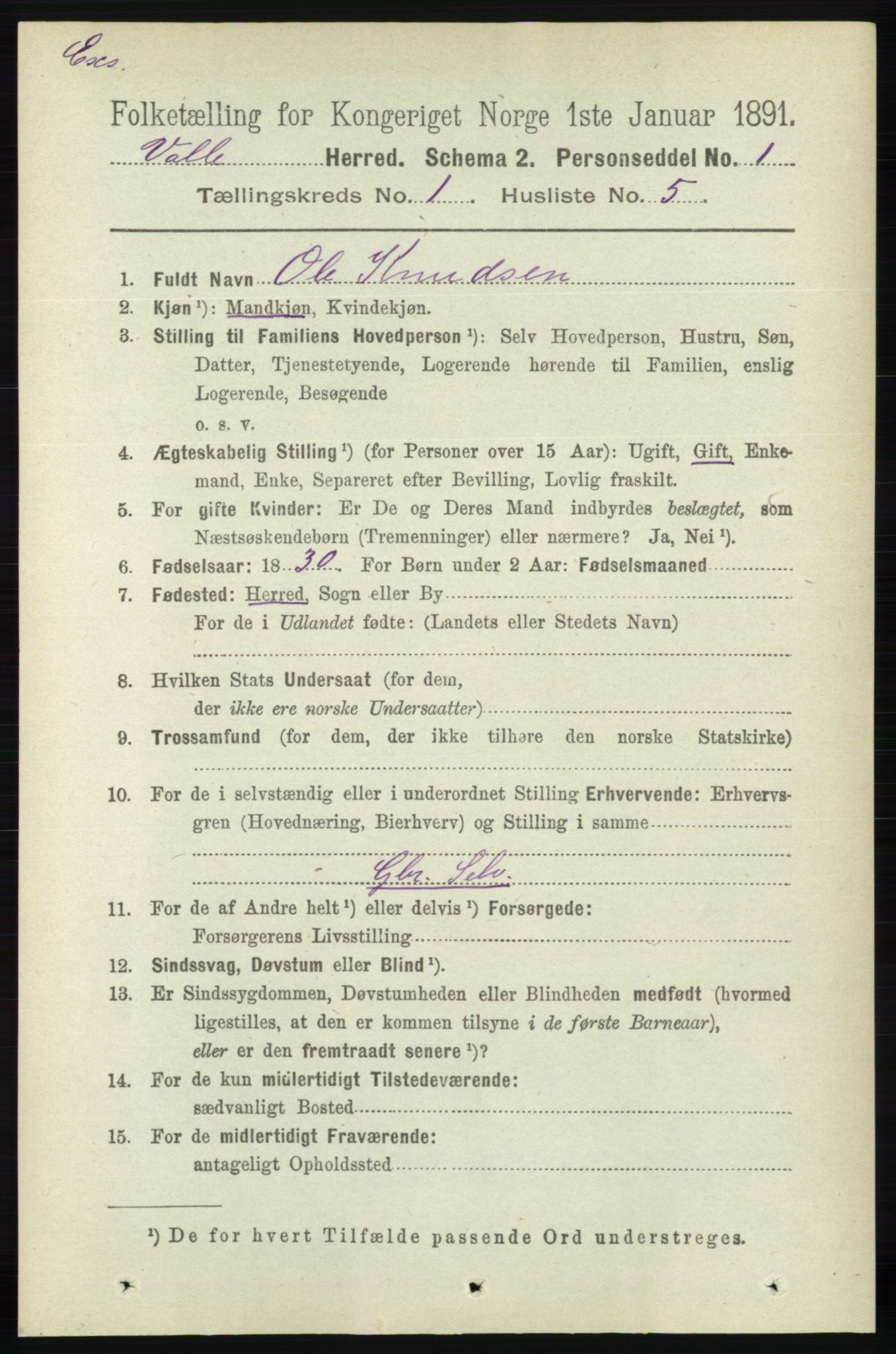 RA, Census 1891 for Nedenes amt: Gjenparter av personsedler for beslektede ektefeller, menn, 1891, p. 1049