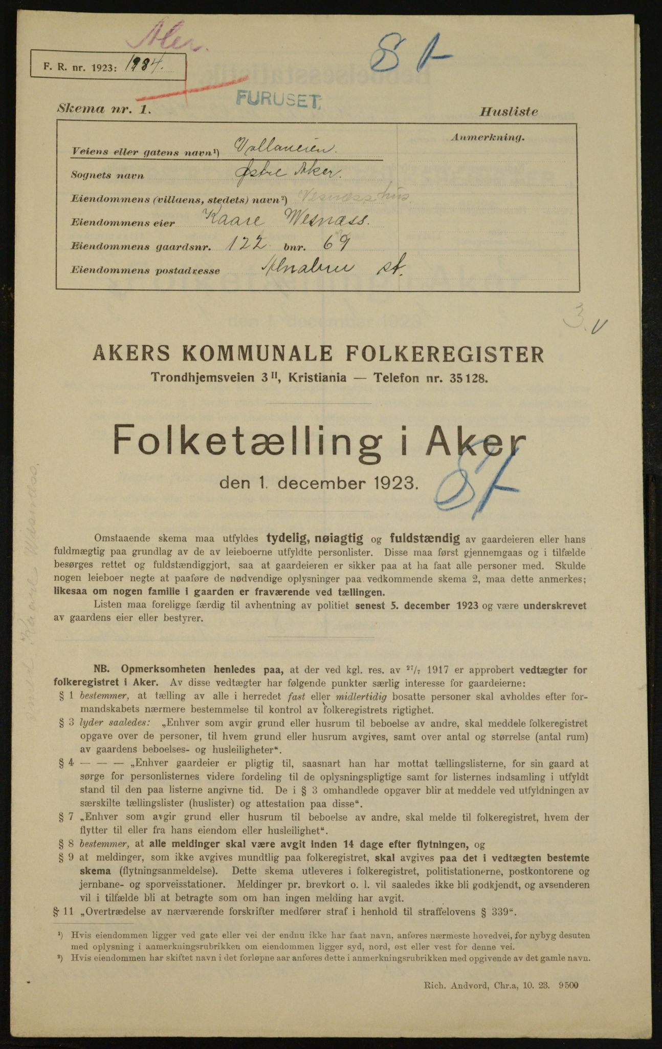 , Municipal Census 1923 for Aker, 1923, p. 35179