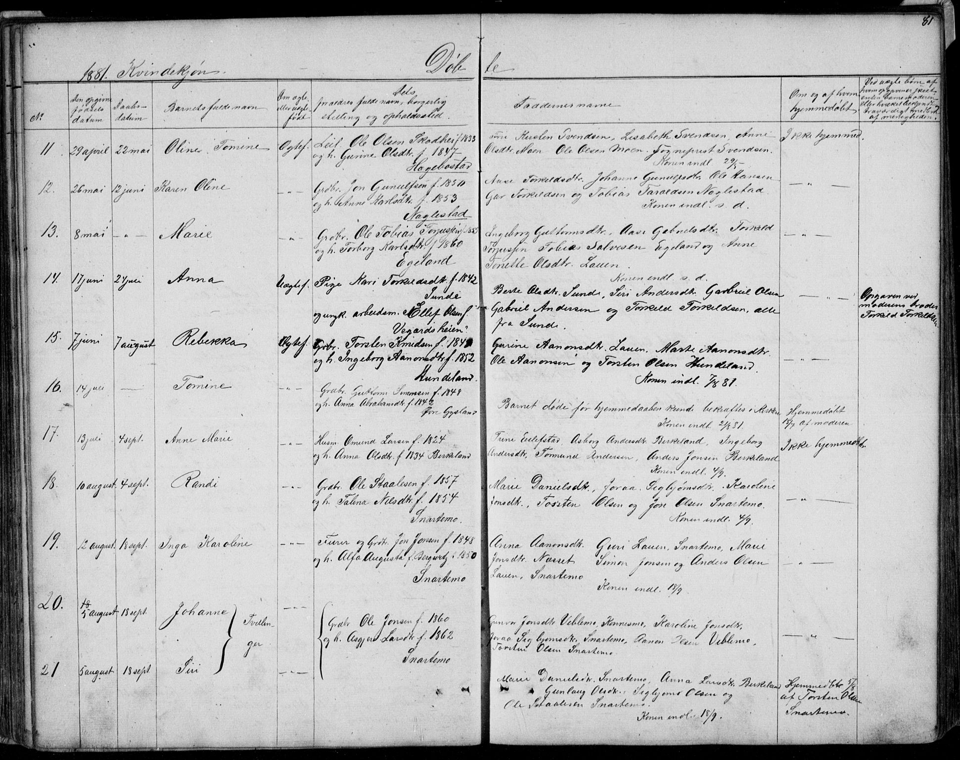 Hægebostad sokneprestkontor, SAK/1111-0024/F/Fb/Fba/L0002: Parish register (copy) no. B 2, 1851-1882, p. 81