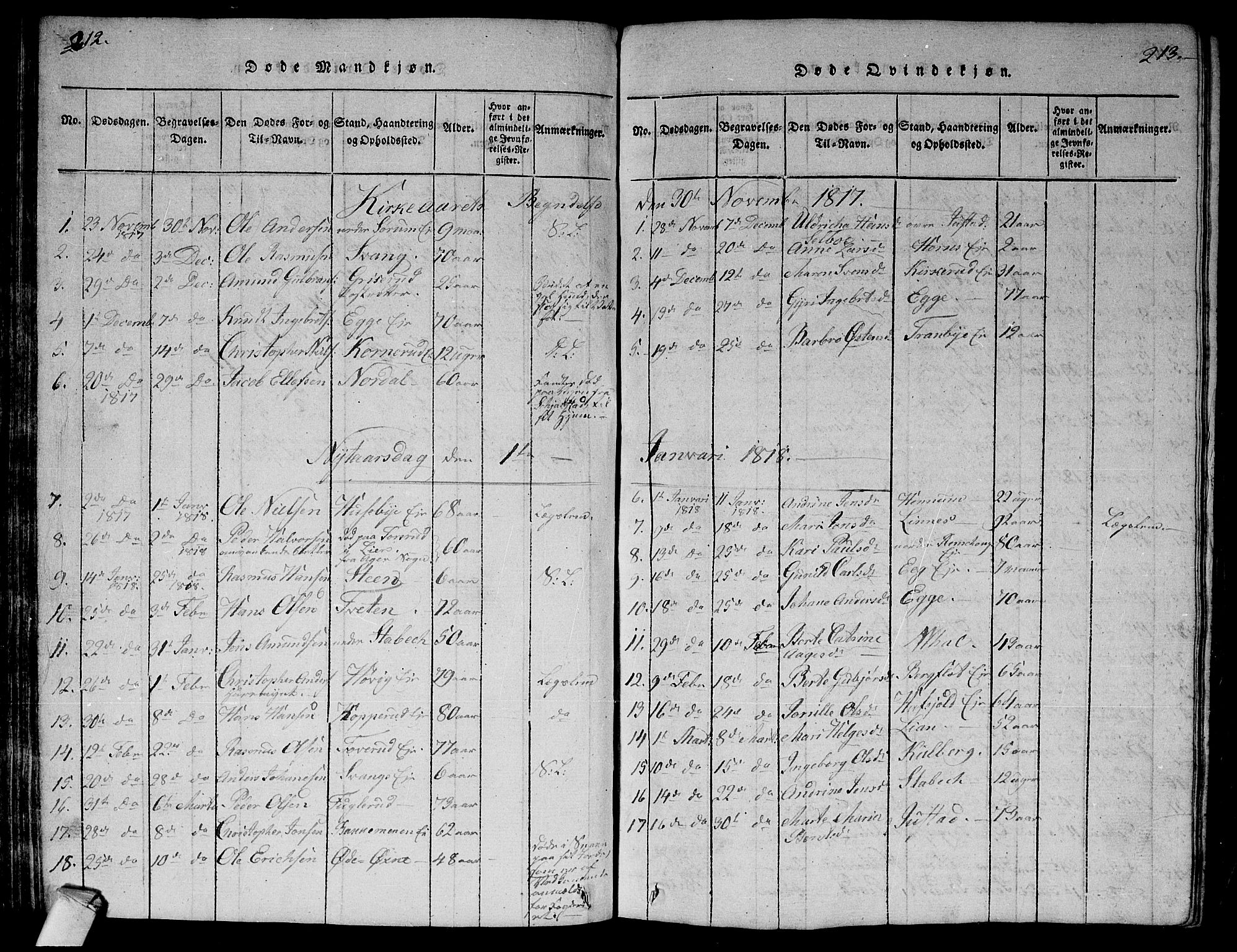Lier kirkebøker, SAKO/A-230/G/Ga/L0001: Parish register (copy) no. I 1, 1813-1824, p. 212-213