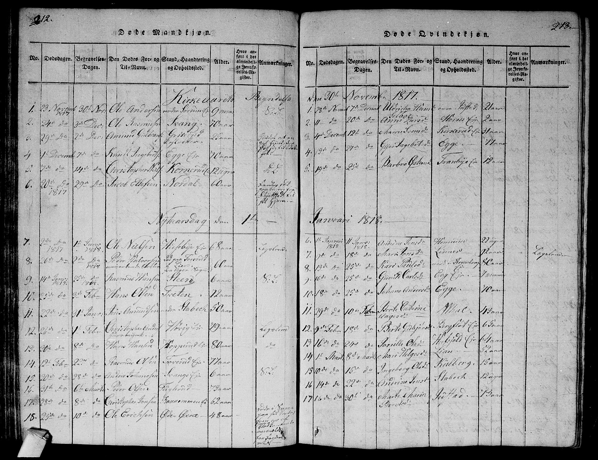 Lier kirkebøker, AV/SAKO-A-230/G/Ga/L0001: Parish register (copy) no. I 1, 1813-1824, p. 212-213