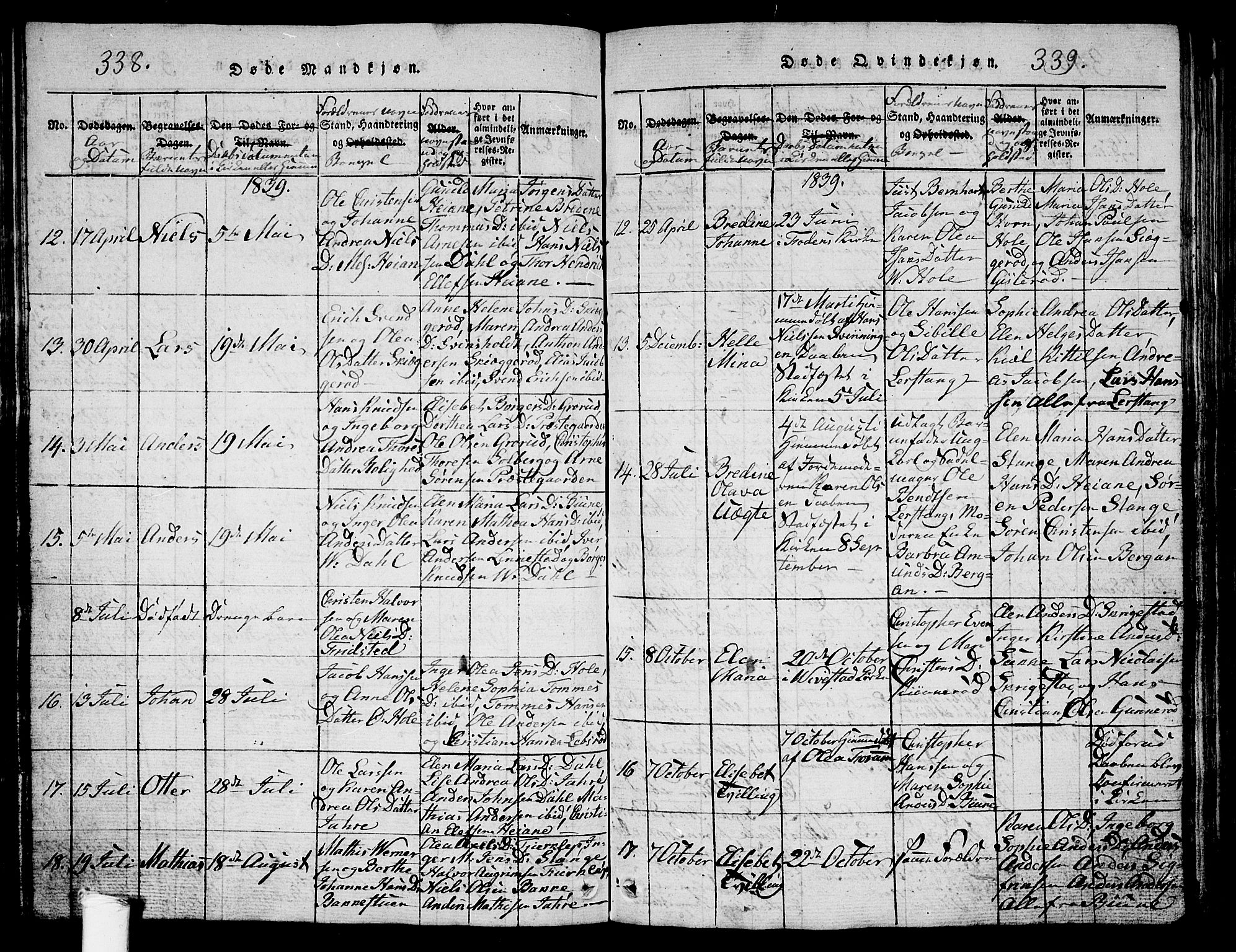 Ramnes kirkebøker, AV/SAKO-A-314/G/Ga/L0001: Parish register (copy) no. I 1, 1813-1847, p. 338-339