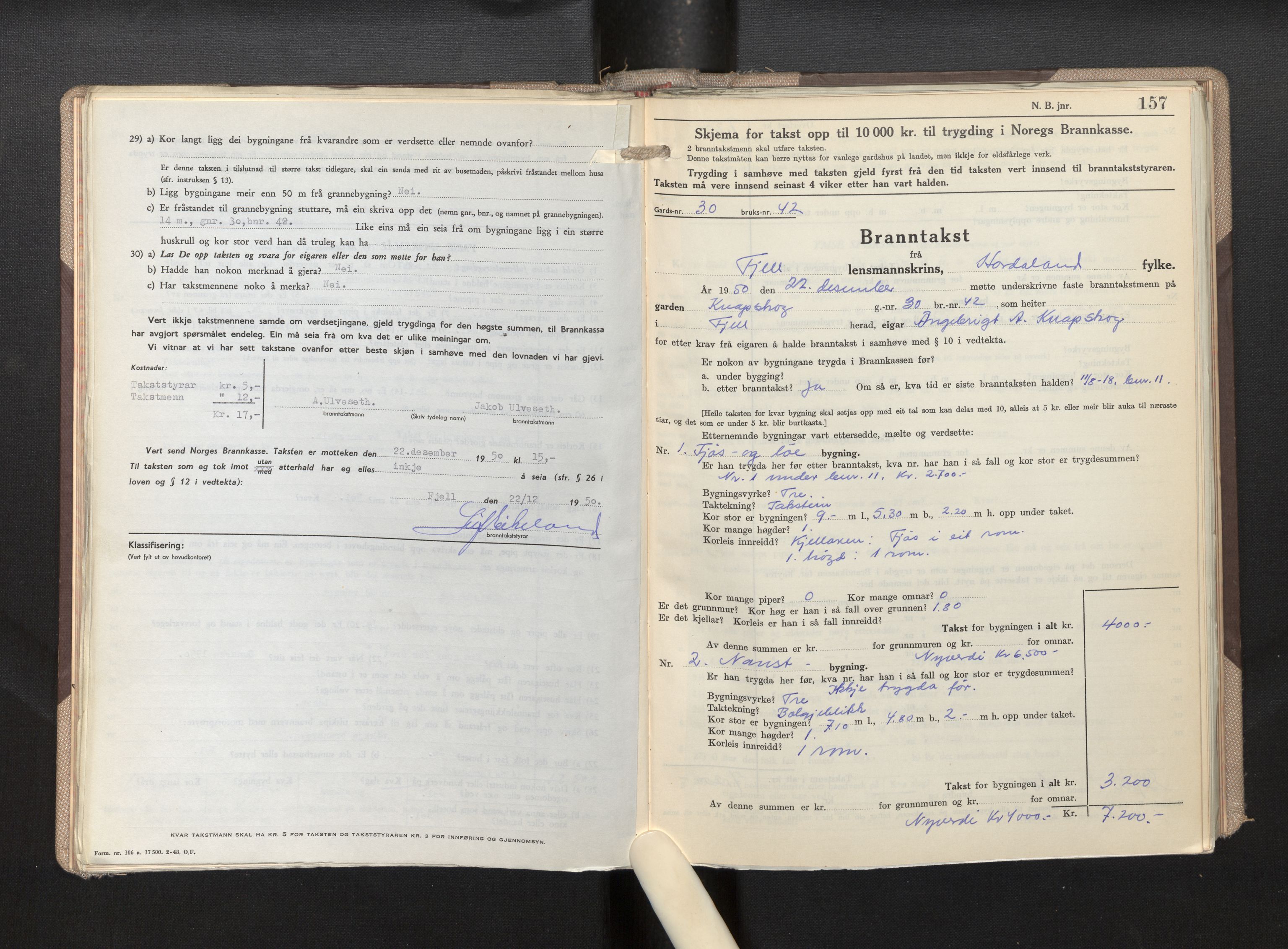 Lensmannen i Fjell, AV/SAB-A-32301/0012/L0007: Branntakstprotokoll, skjematakst, 1946-1955, p. 156-157