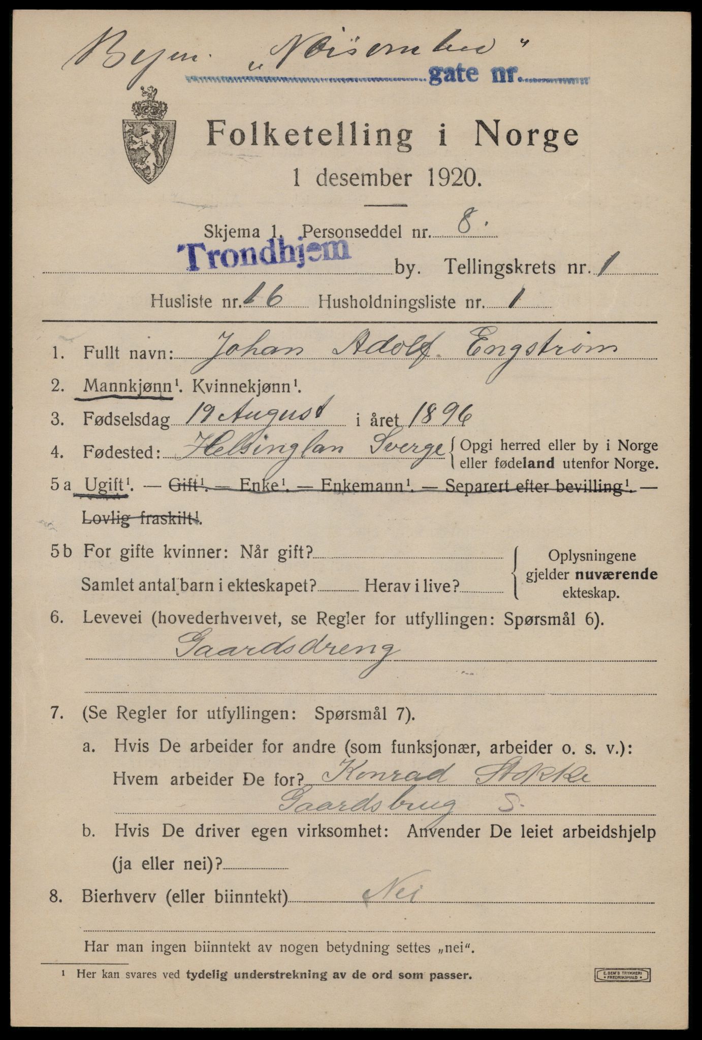 SAT, 1920 census for Trondheim, 1920, p. 32922