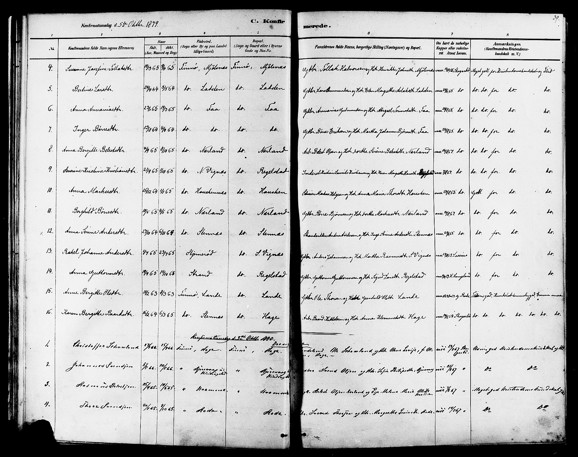 Finnøy sokneprestkontor, SAST/A-101825/H/Ha/Haa/L0010: Parish register (official) no. A 10, 1879-1890, p. 39