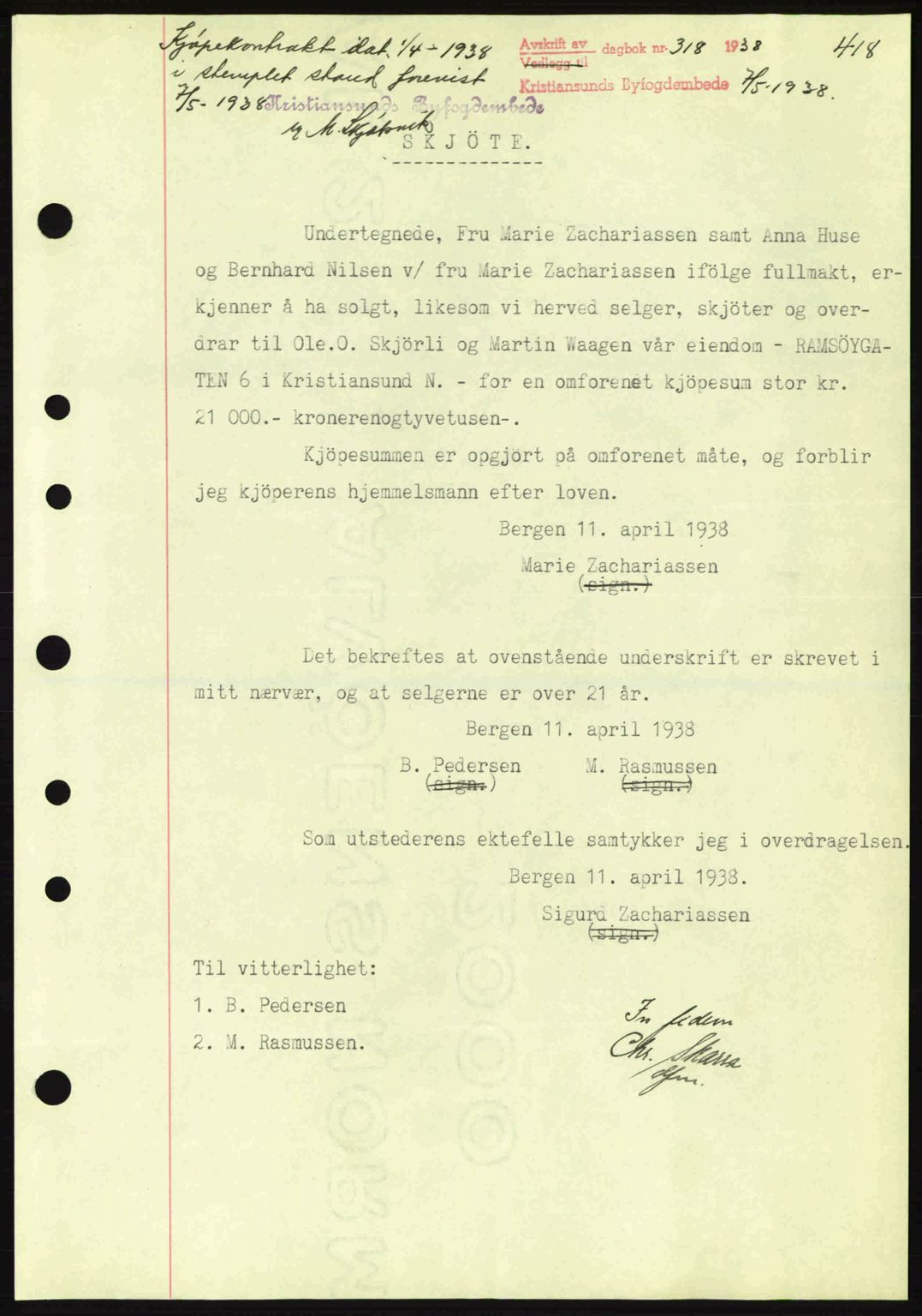 Kristiansund byfogd, AV/SAT-A-4587/A/27: Mortgage book no. 30, 1936-1941, Diary no: : 318/1938