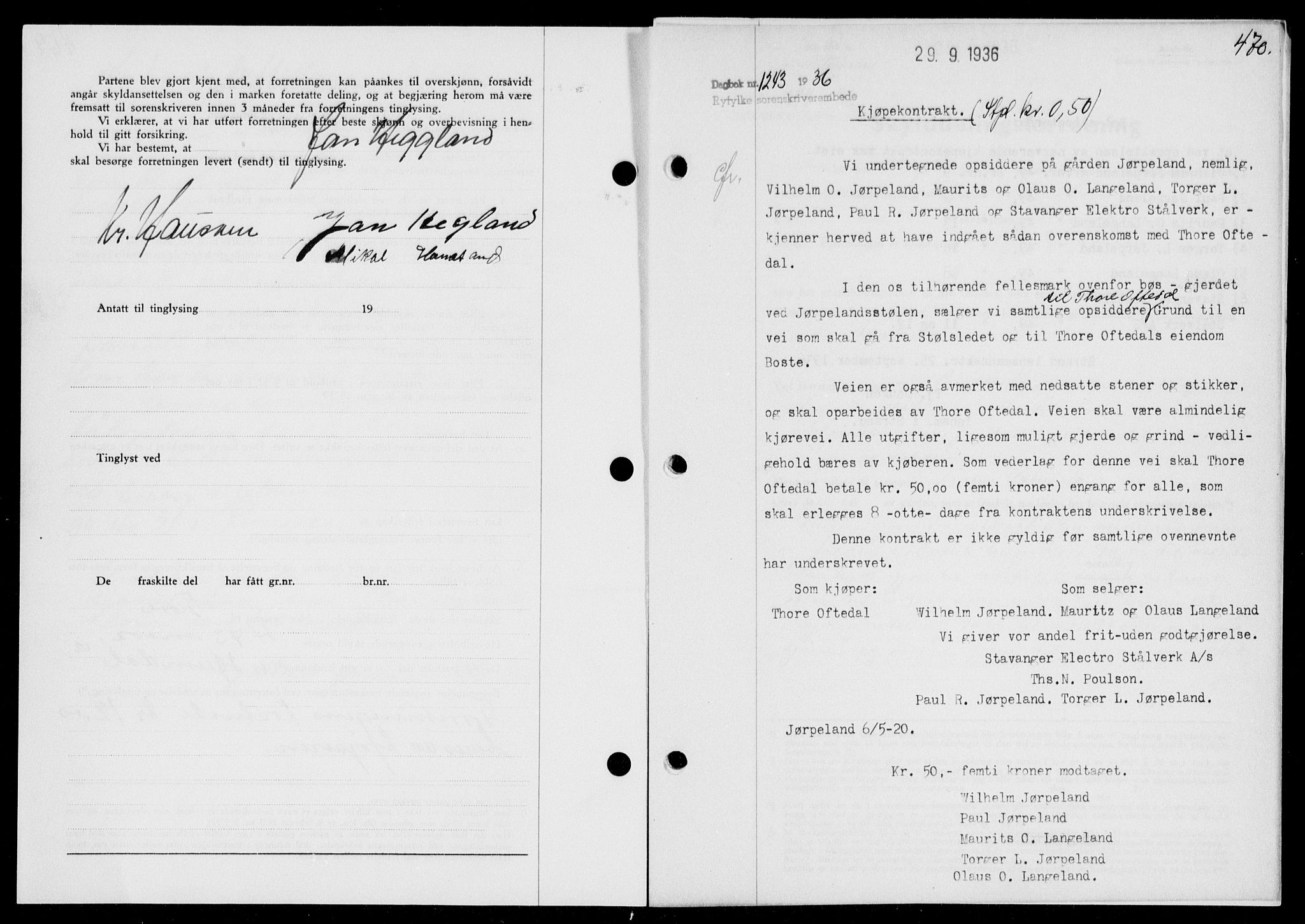 Ryfylke tingrett, SAST/A-100055/001/II/IIB/L0073: Mortgage book no. 52, 1936-1936, Diary no: : 1243/1936