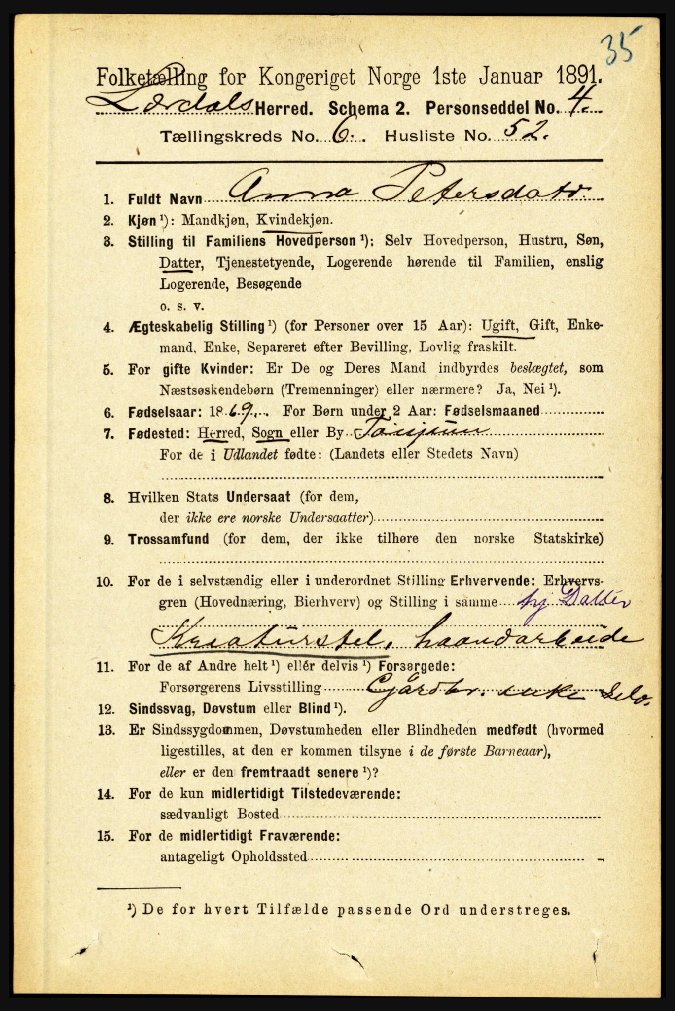 RA, 1891 census for 1422 Lærdal, 1891, p. 732