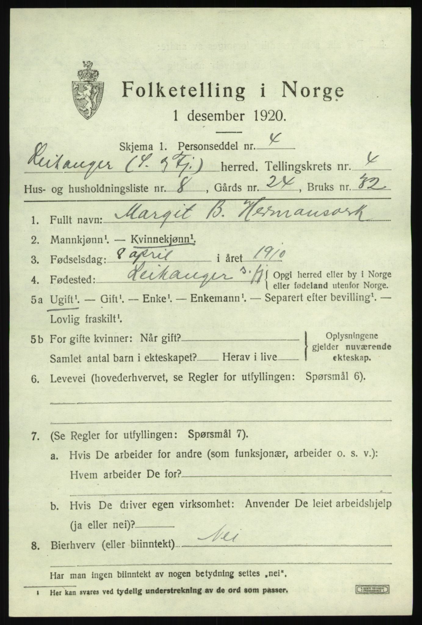 SAB, 1920 census for Leikanger, 1920, p. 2926