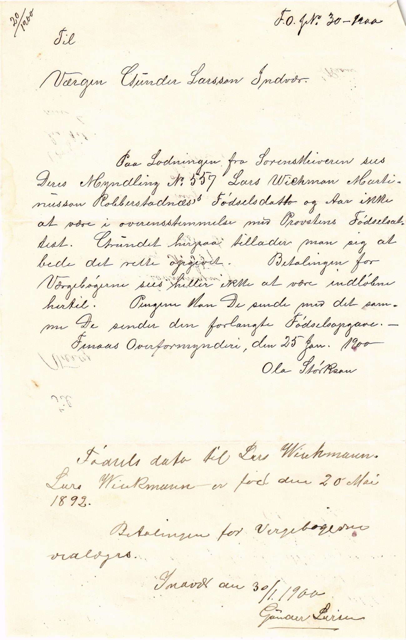 Finnaas kommune. Overformynderiet, IKAH/1218a-812/D/Da/Daa/L0002/0001: Kronologisk ordna korrespondanse / Kronologisk ordna korrespondanse, 1896-1900, p. 192