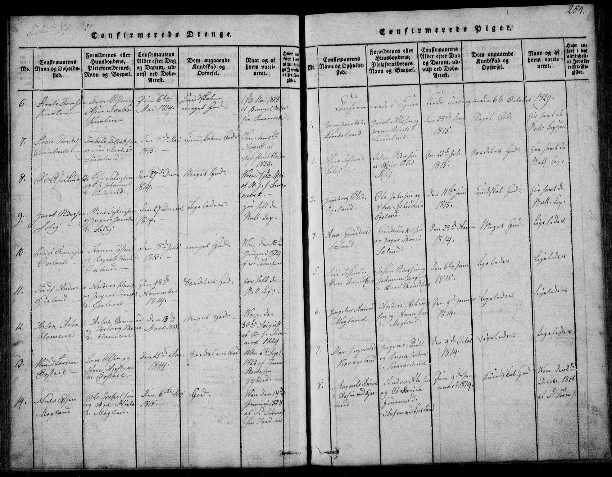 Fjotland sokneprestkontor, AV/SAK-1111-0010/F/Fb/L0001: Parish register (copy) no. B 1, 1816-1849, p. 254