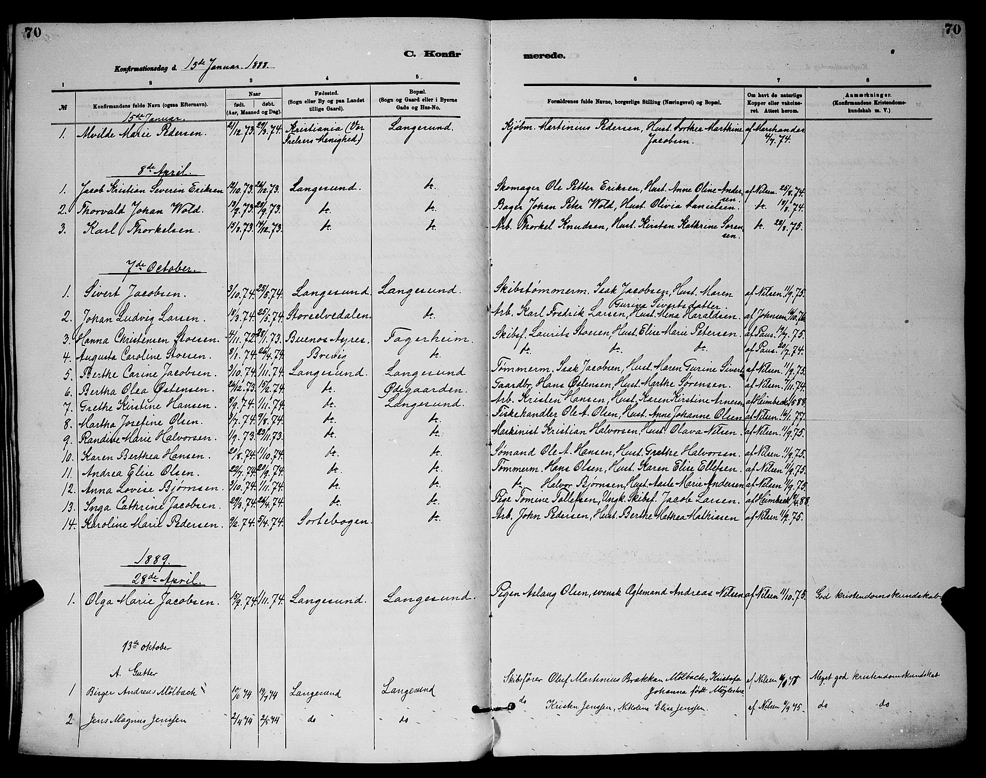Langesund kirkebøker, SAKO/A-280/G/Ga/L0005: Parish register (copy) no. 5, 1884-1898, p. 70