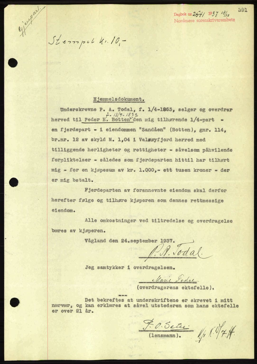 Nordmøre sorenskriveri, SAT/A-4132/1/2/2Ca: Mortgage book no. A82, 1937-1938, Diary no: : 2541/1937
