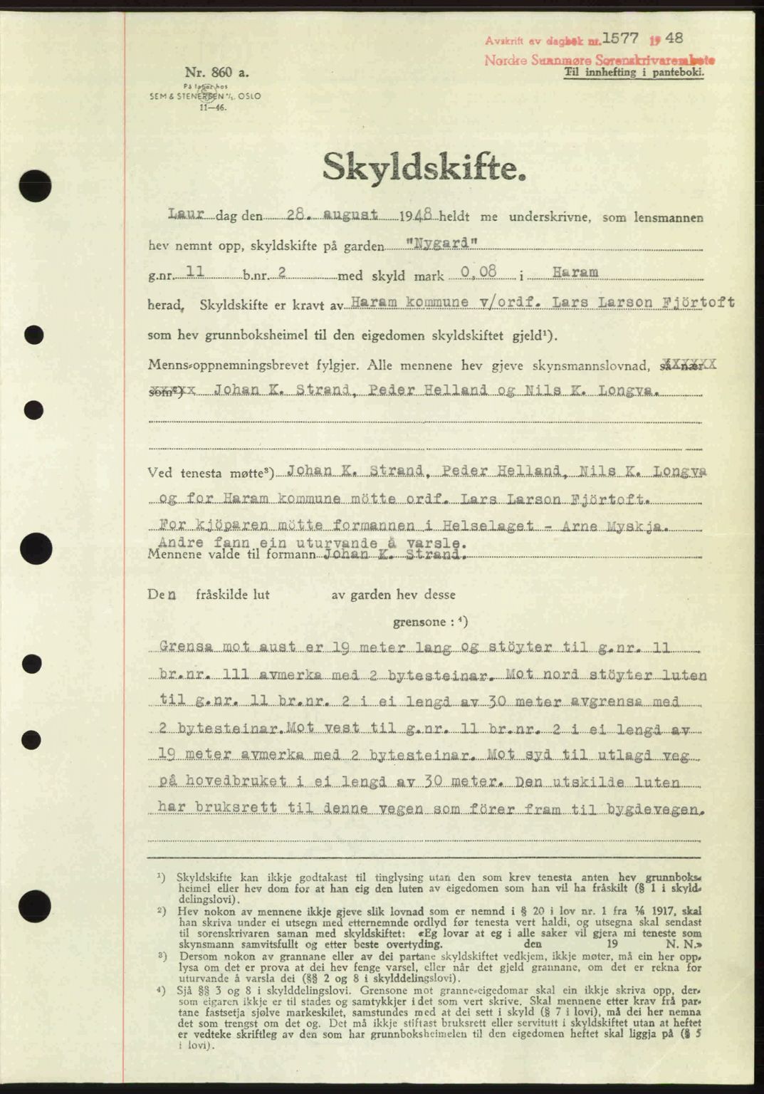 Nordre Sunnmøre sorenskriveri, AV/SAT-A-0006/1/2/2C/2Ca: Mortgage book no. A28, 1948-1948, Diary no: : 1577/1948