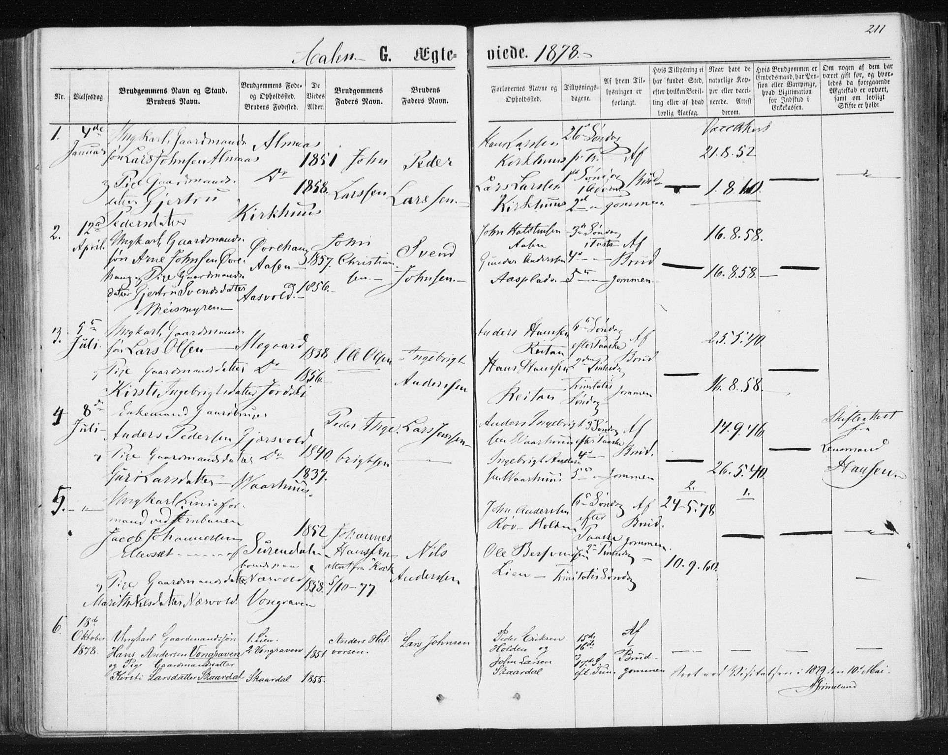 Ministerialprotokoller, klokkerbøker og fødselsregistre - Sør-Trøndelag, SAT/A-1456/685/L0971: Parish register (official) no. 685A08 /3, 1870-1879, p. 211